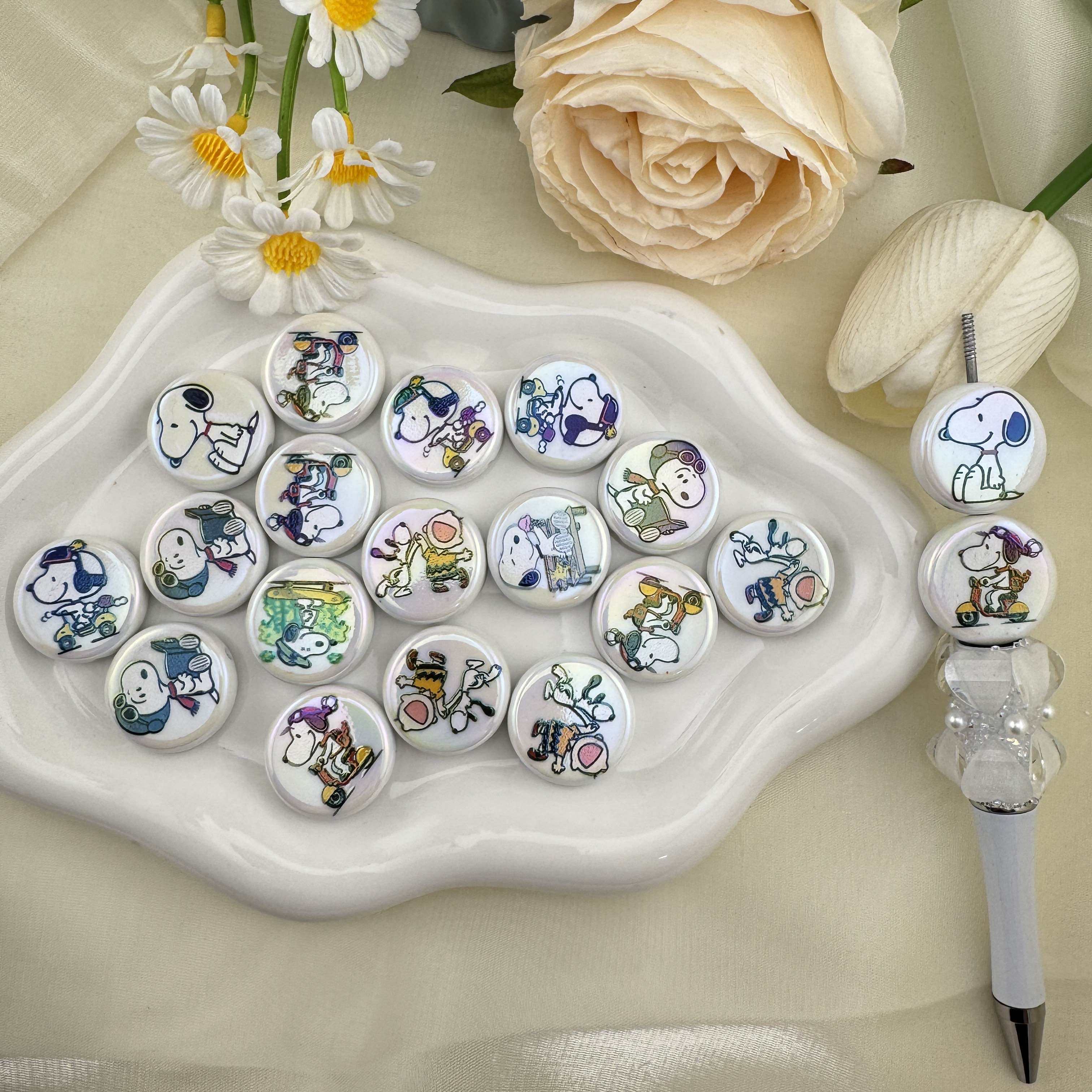 FS6837-20mm Round Plate Mixed Snoopy Printed Acrylic Beads Zoe DIY Wholesale