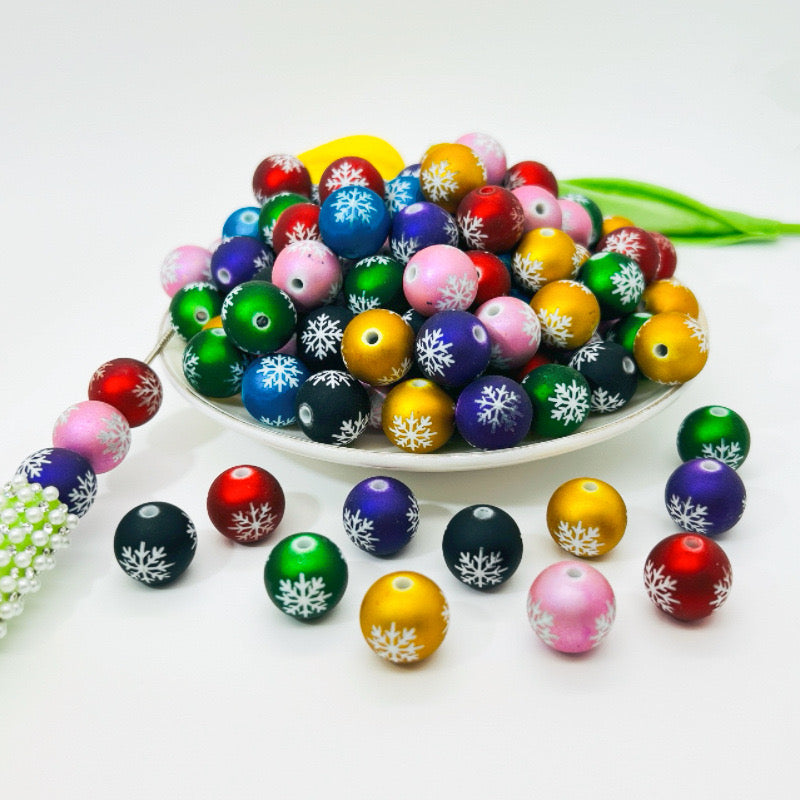 FS1254- 16MM Round Mixed Color Frosted Snowflake Printed Resin beads Fit For Beadable Pens