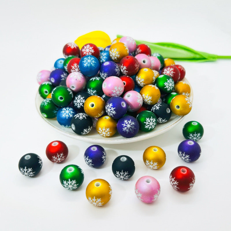 FS1254- 16MM Round Mixed Color Frosted Snowflake Printed Resin beads Fit For Beadable Pens