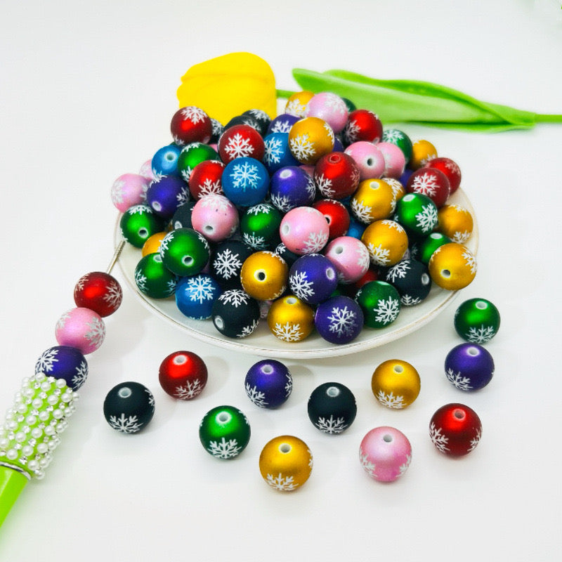 FS1254- 16MM Round Mixed Color Frosted Snowflake Printed Resin beads Fit For Beadable Pens