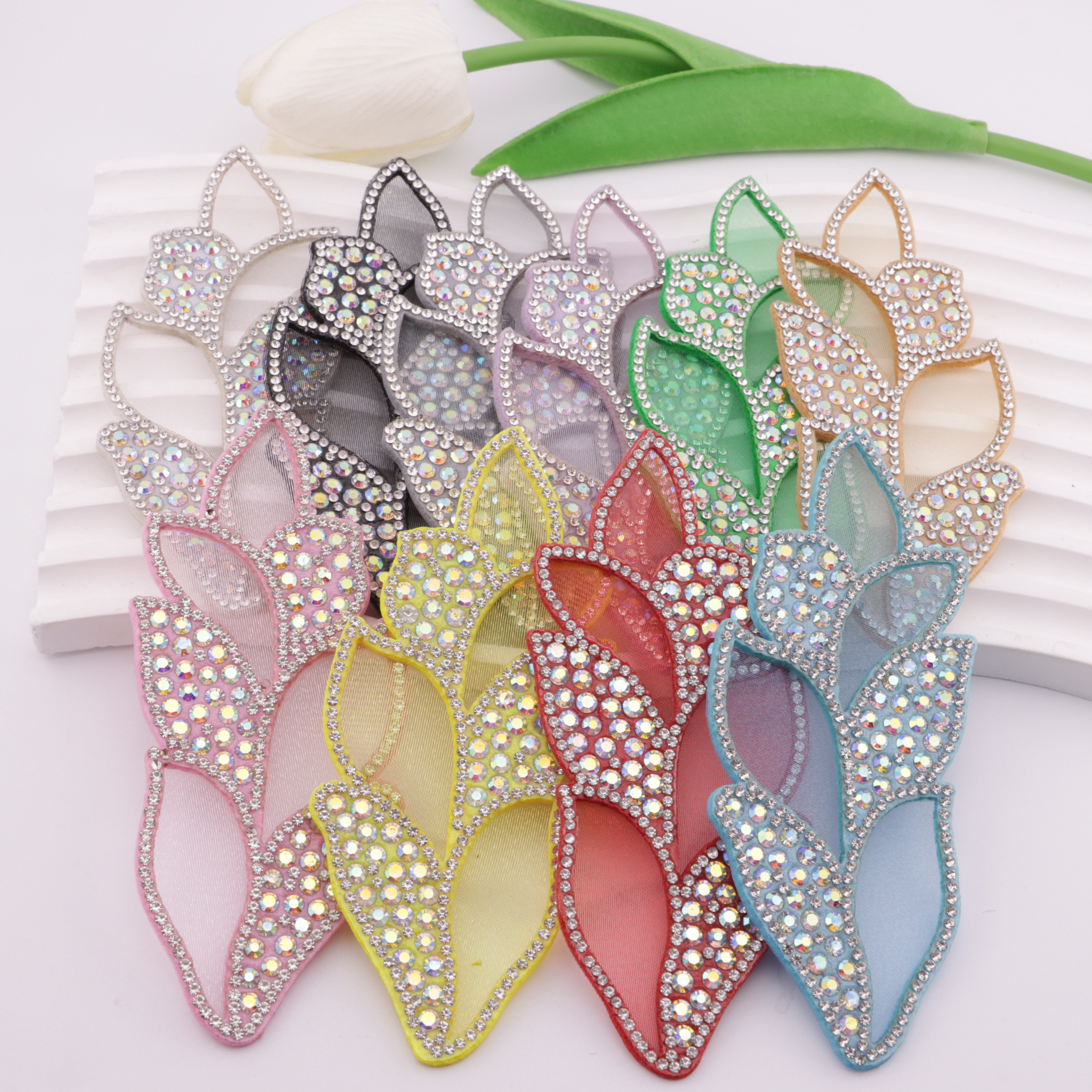FS5697- DIY Hair Accessory Parts of Non-Woven Fabric Patches with Leaf-Shaped Rhinestones