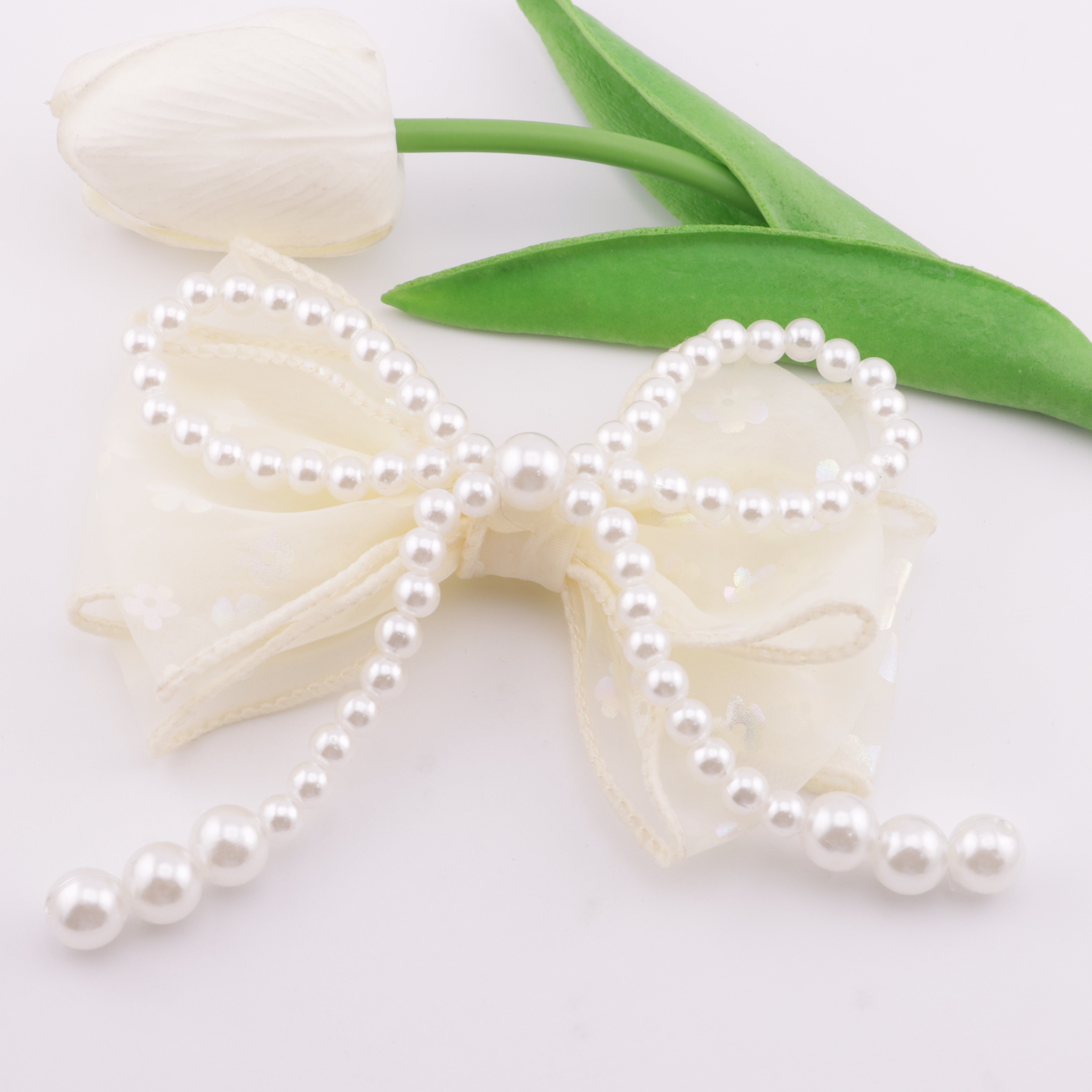 FS5676- 110mm Large Pearl Fabric Bowknot