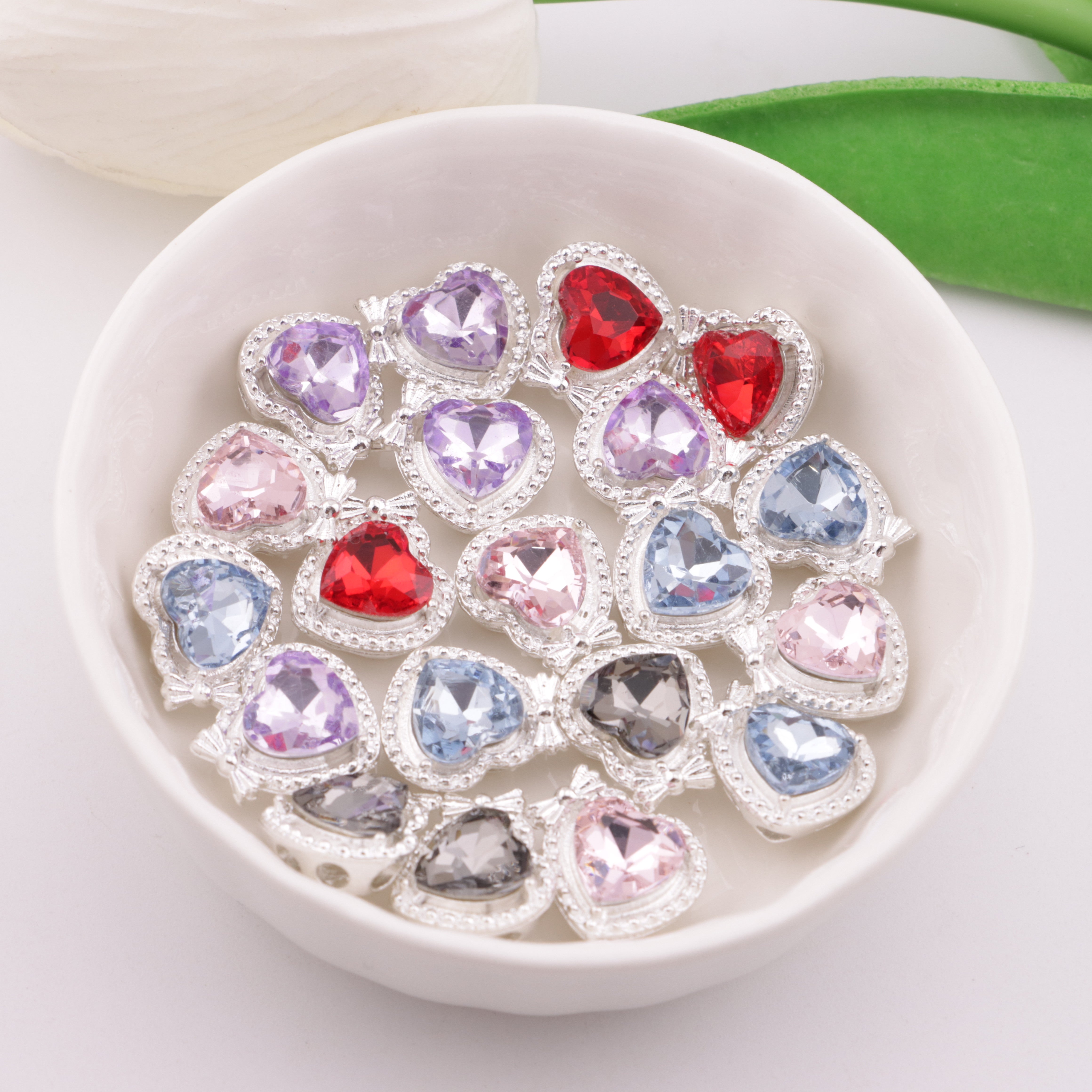 FS5929- 12*14mm Heart 4 Hole Metal Beads With Bow, Heart-Shaped Metal Four-Way Beads With Bowknot