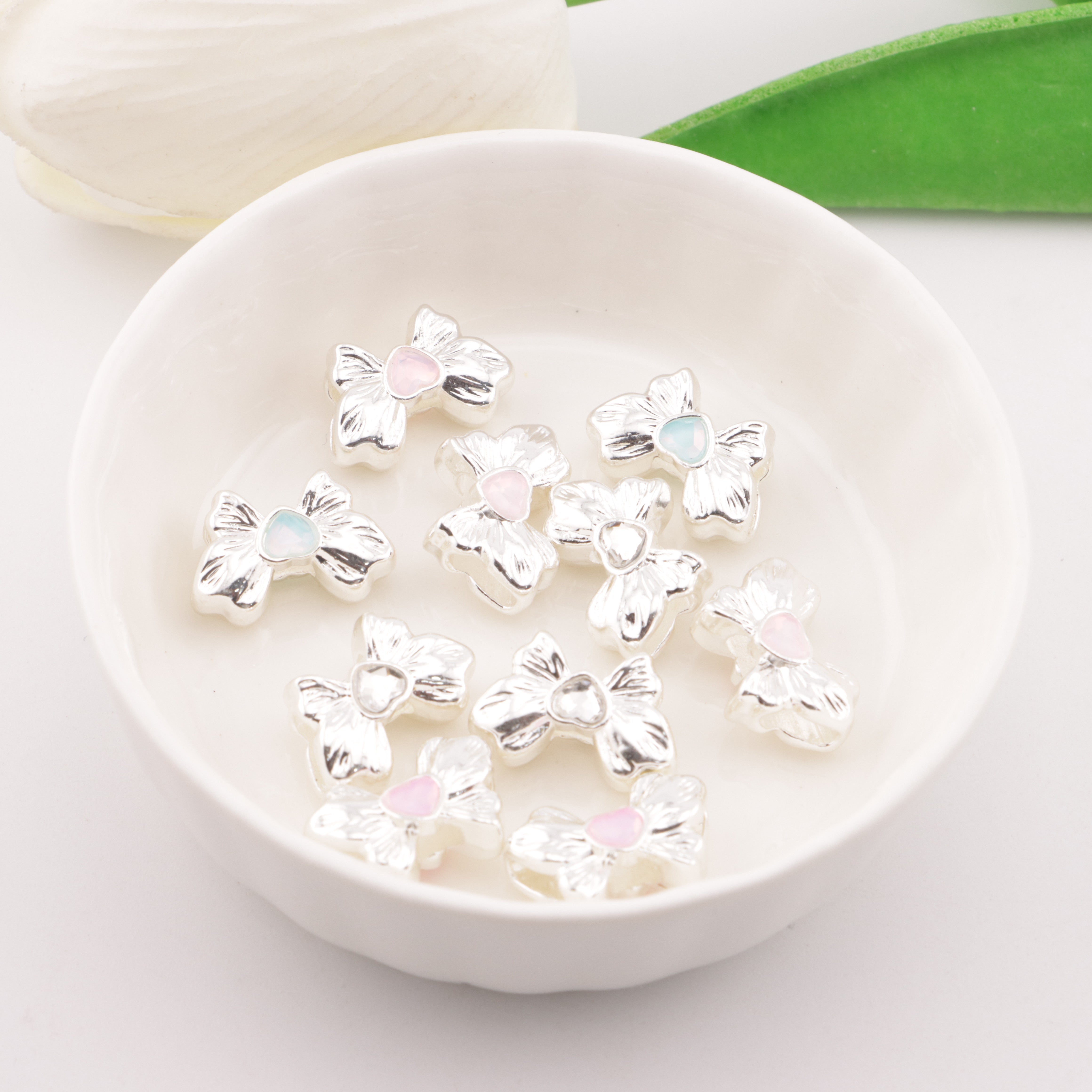 FS5713- 10*16mm Heart Bows Metal 4 Hole Beads, Heart - Butterfly Combined Metal Four - Hole Beads