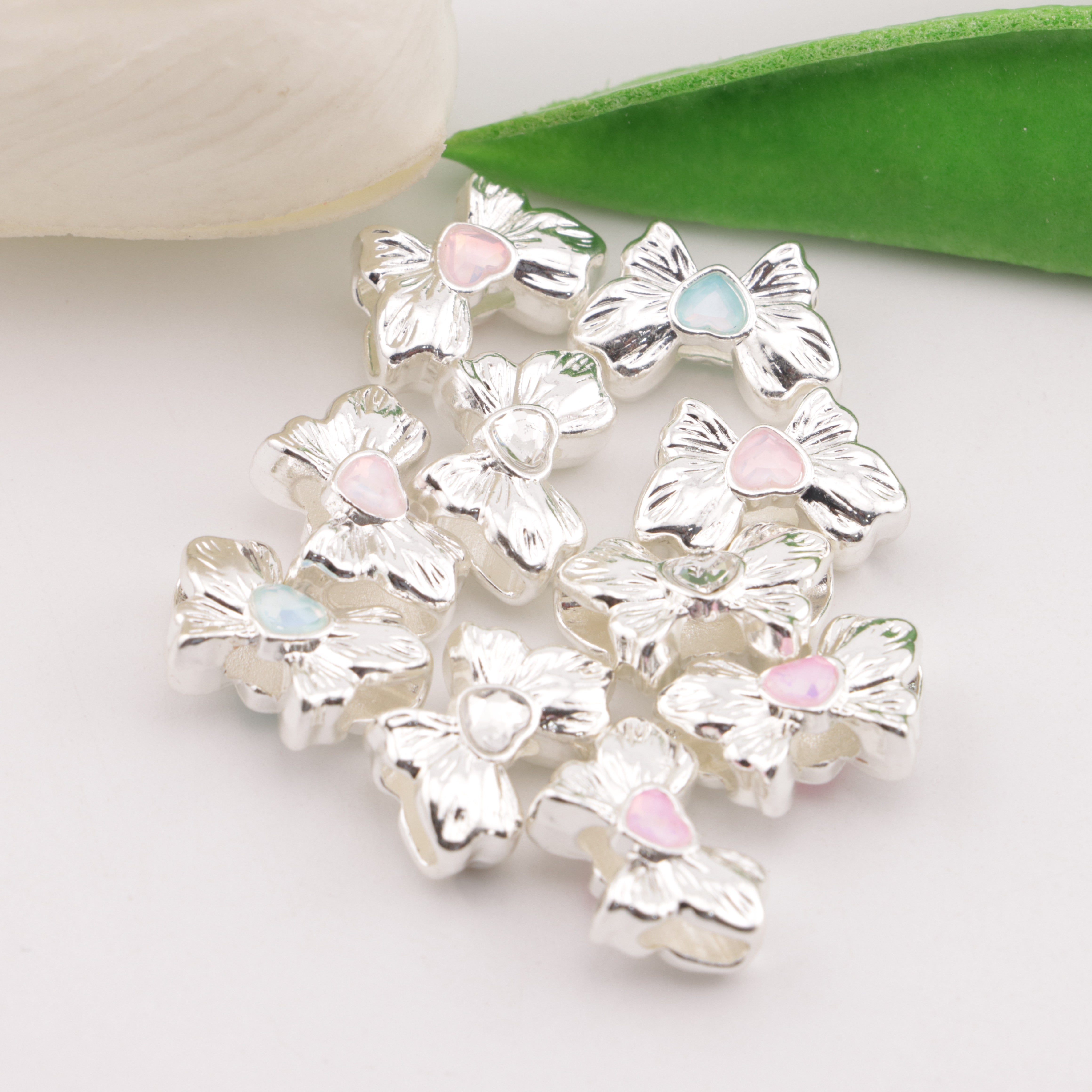 FS5713- 10*16mm Heart Bows Metal 4 Hole Beads, Heart - Butterfly Combined Metal Four - Hole Beads