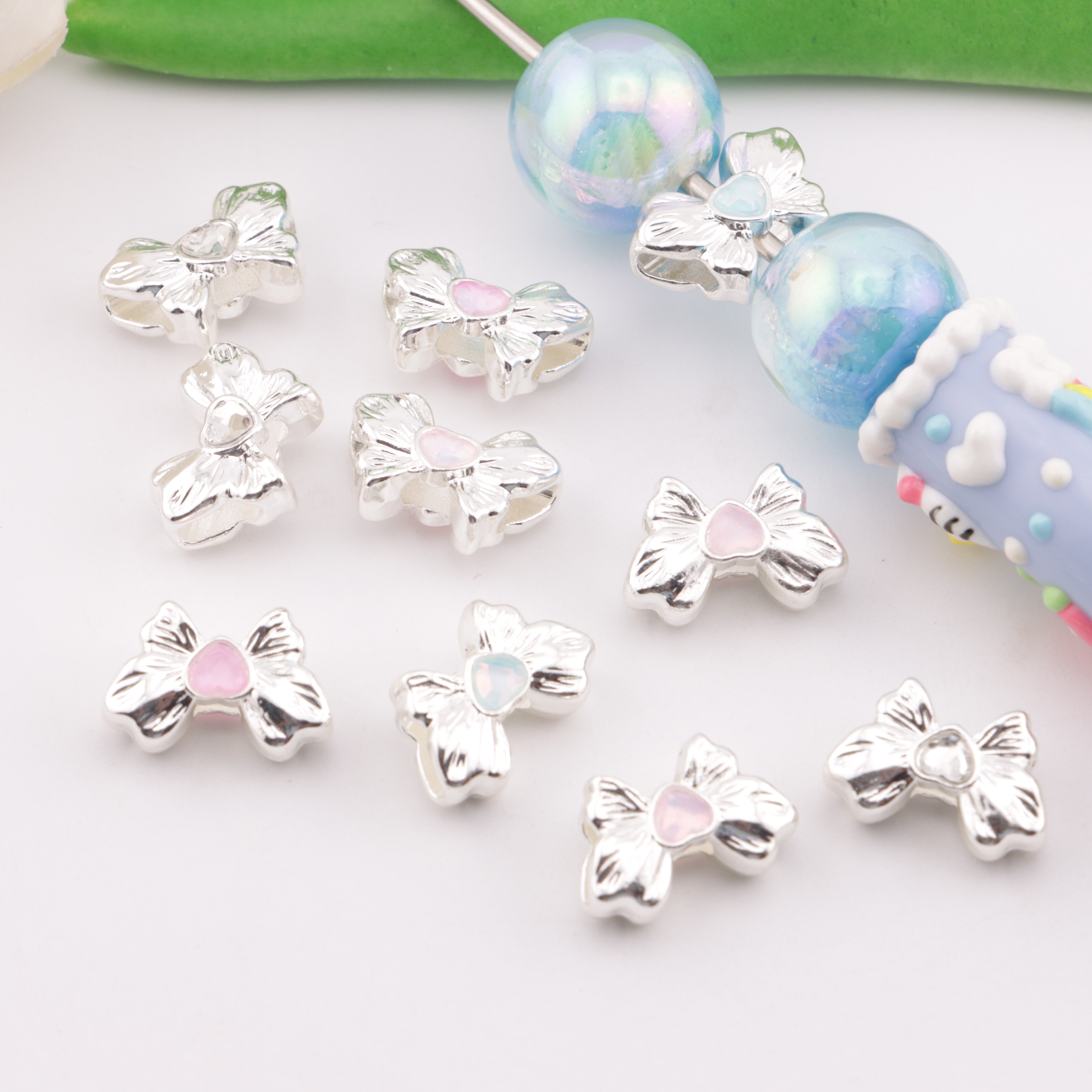 FS5713- 10*16mm Heart Bows Metal 4 Hole Beads, Heart - Butterfly Combined Metal Four - Hole Beads
