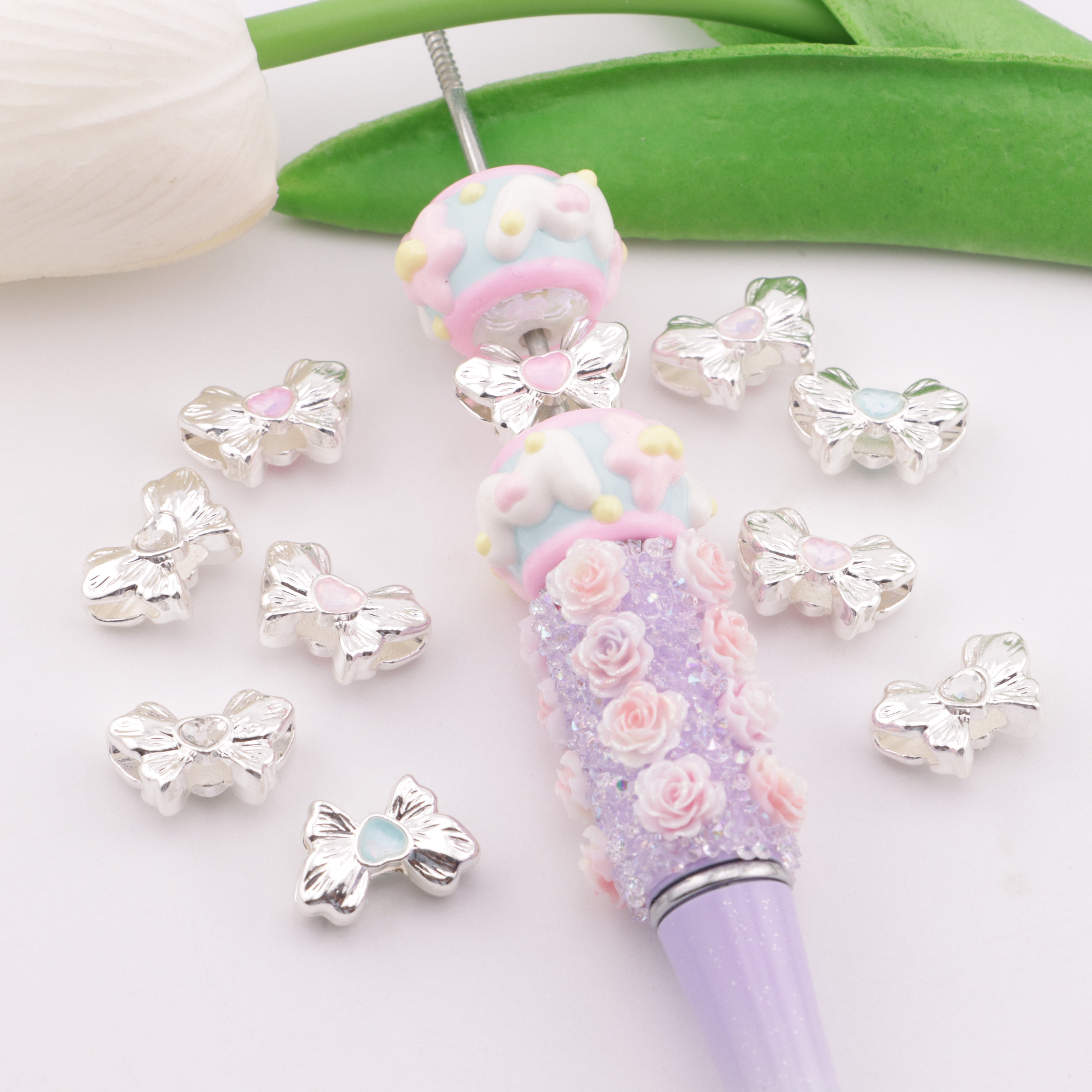 FS5713- 10*16mm Heart Bows Metal 4 Hole Beads, Heart - Butterfly Combined Metal Four - Hole Beads