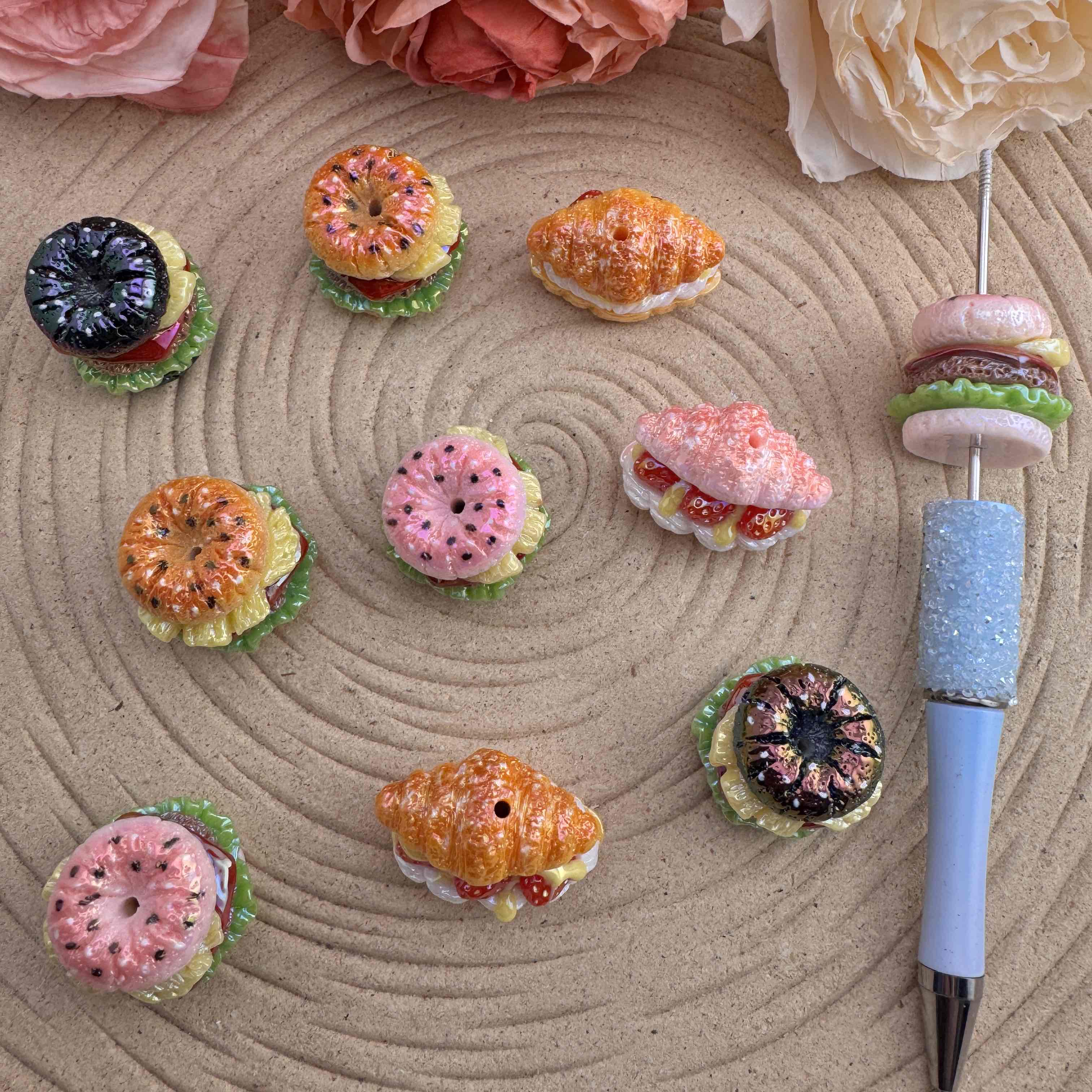 FS10076-Random Mixed UV Coating Hamburger Resin Beads For Beadable Pens Keychain Making