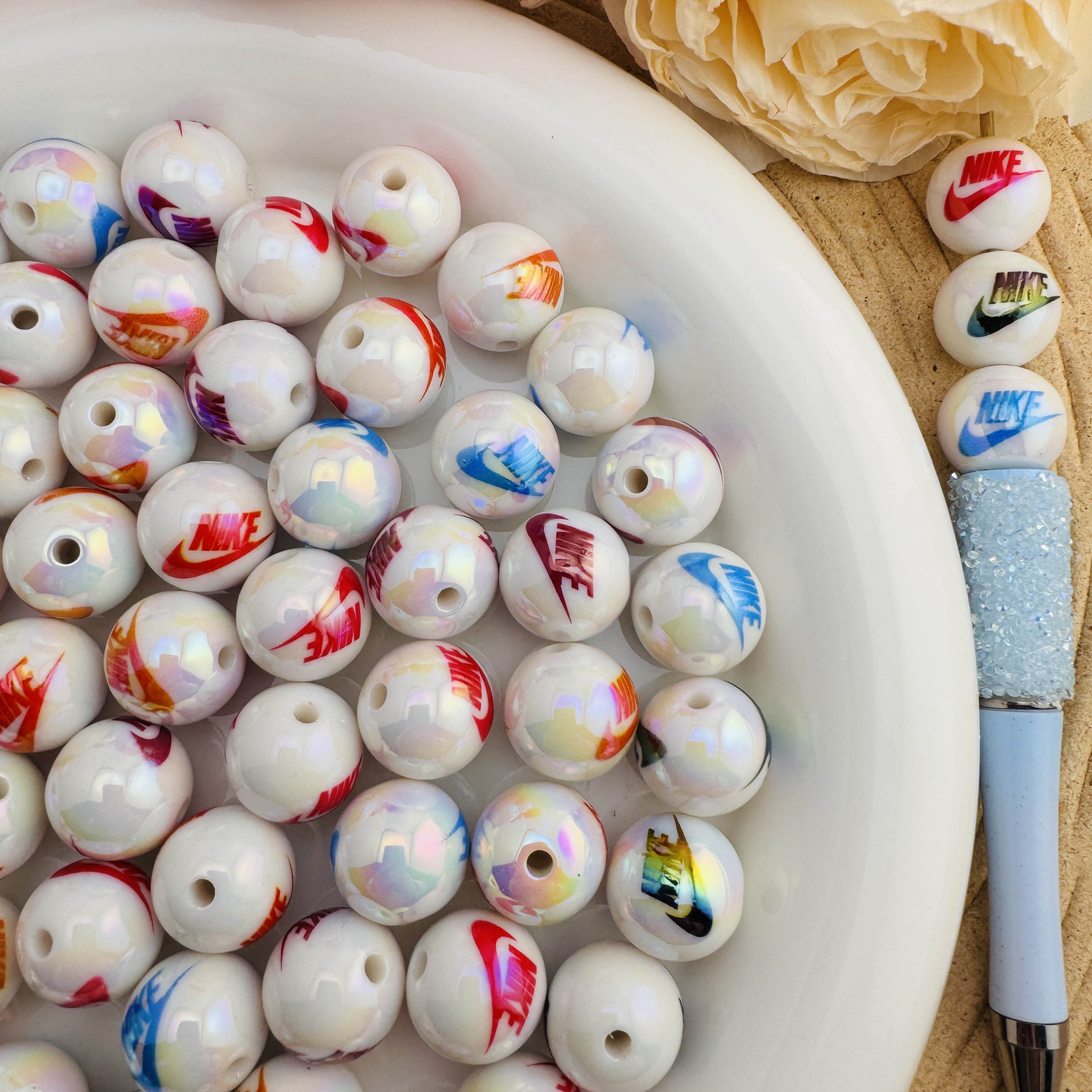 FS10086-Random Mixed Solid Color UV Coating Printed Acrylic Beads For Beadable Pens Keychain Making