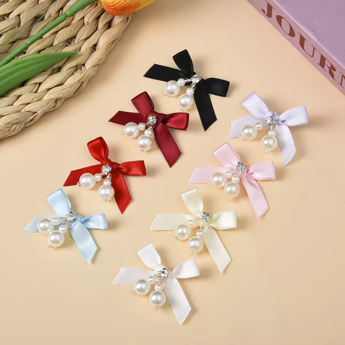 FS10151-3.5×4.7cm Fabric Bow With Pearl Dangle For Making Fancy Beads