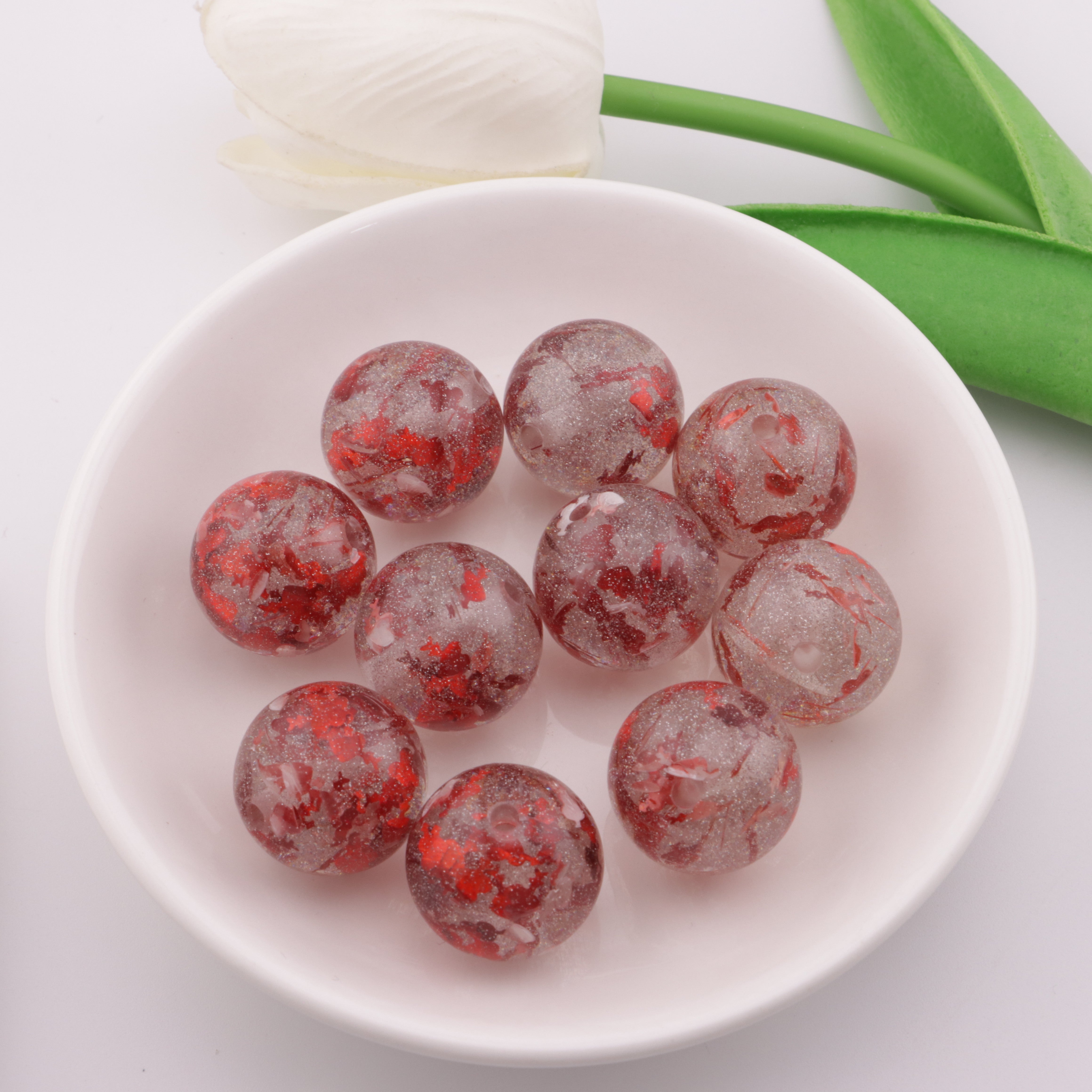 FS3586- 20mm Red Heart Beads, Red One - Arrow - Through - The - Heart Glitter Beads