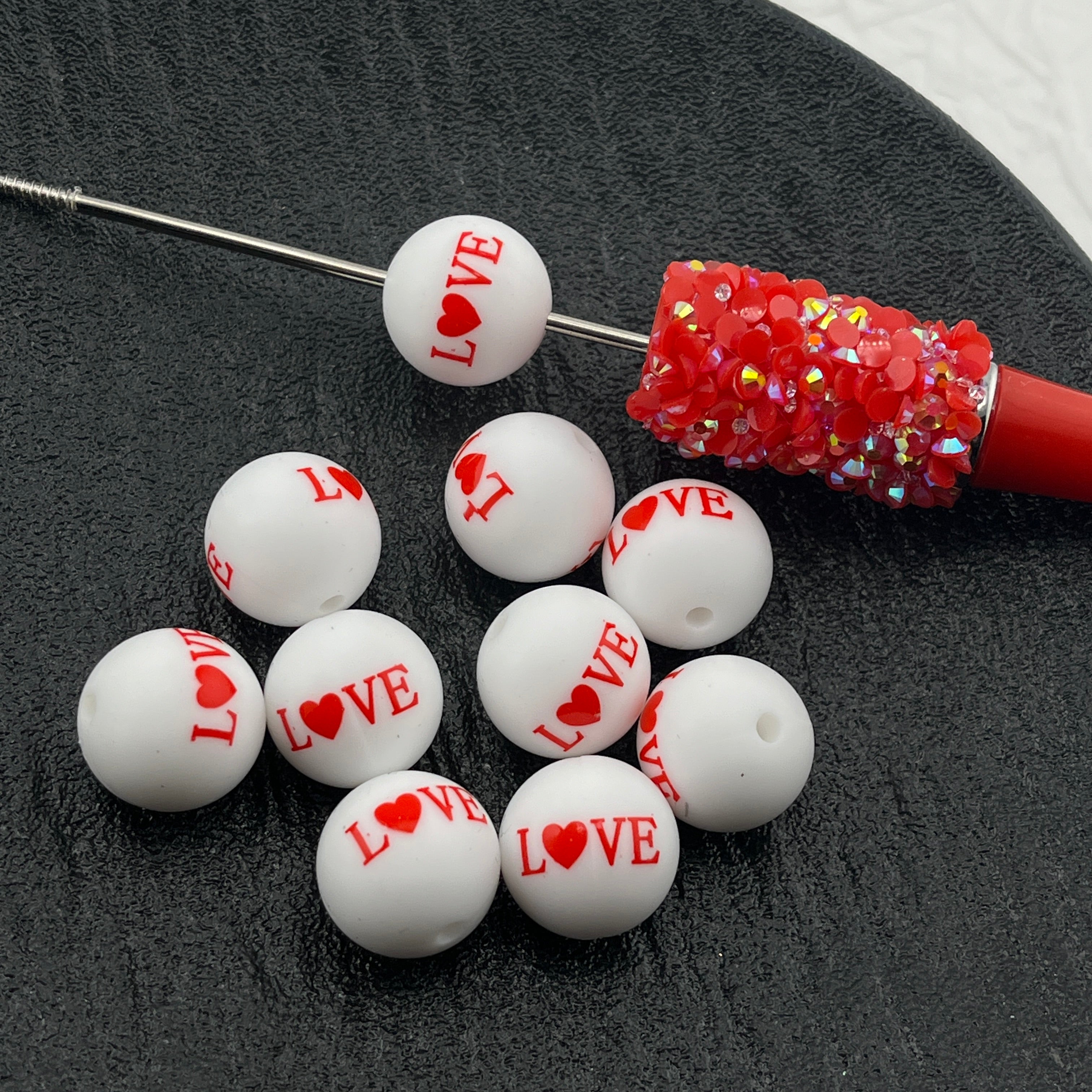 FS2541-15MM Love Printed Silicone Beads Fit For Beadable Pens