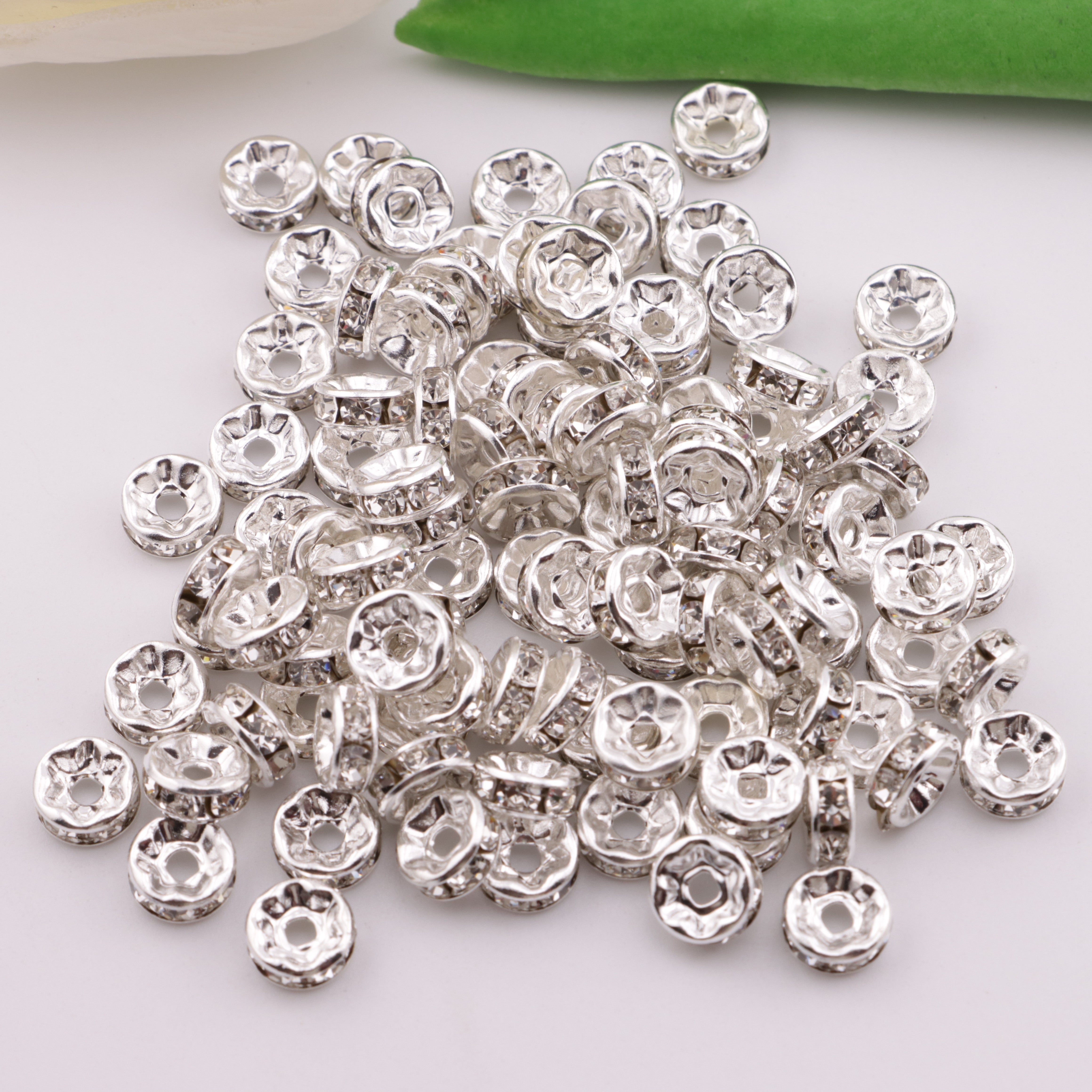 FS4016- 8mm Metal Spacers Flat-Edge Metal White Diamond Spacer Beads