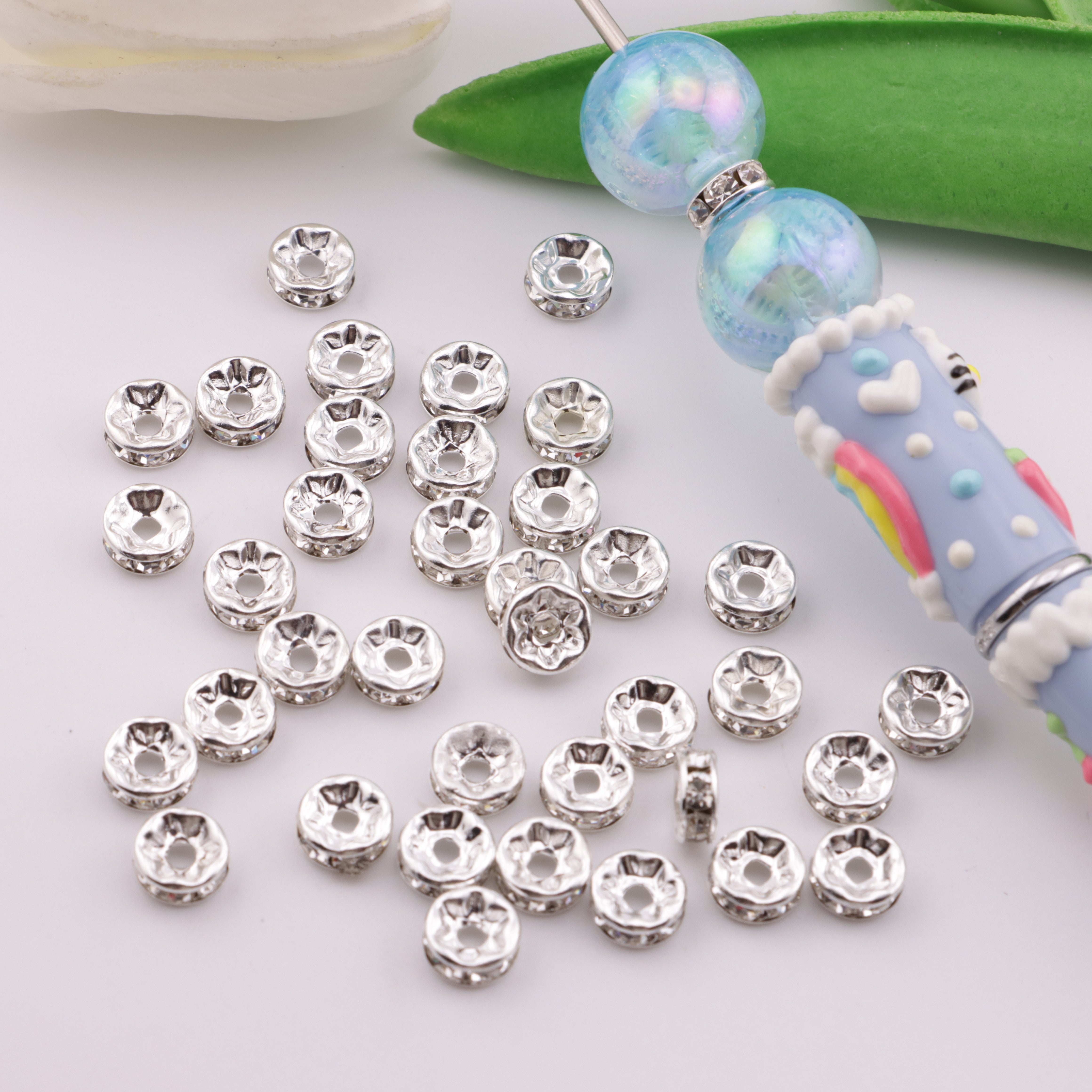 FS4016- 8mm Metal Spacers Flat-Edge Metal White Diamond Spacer Beads