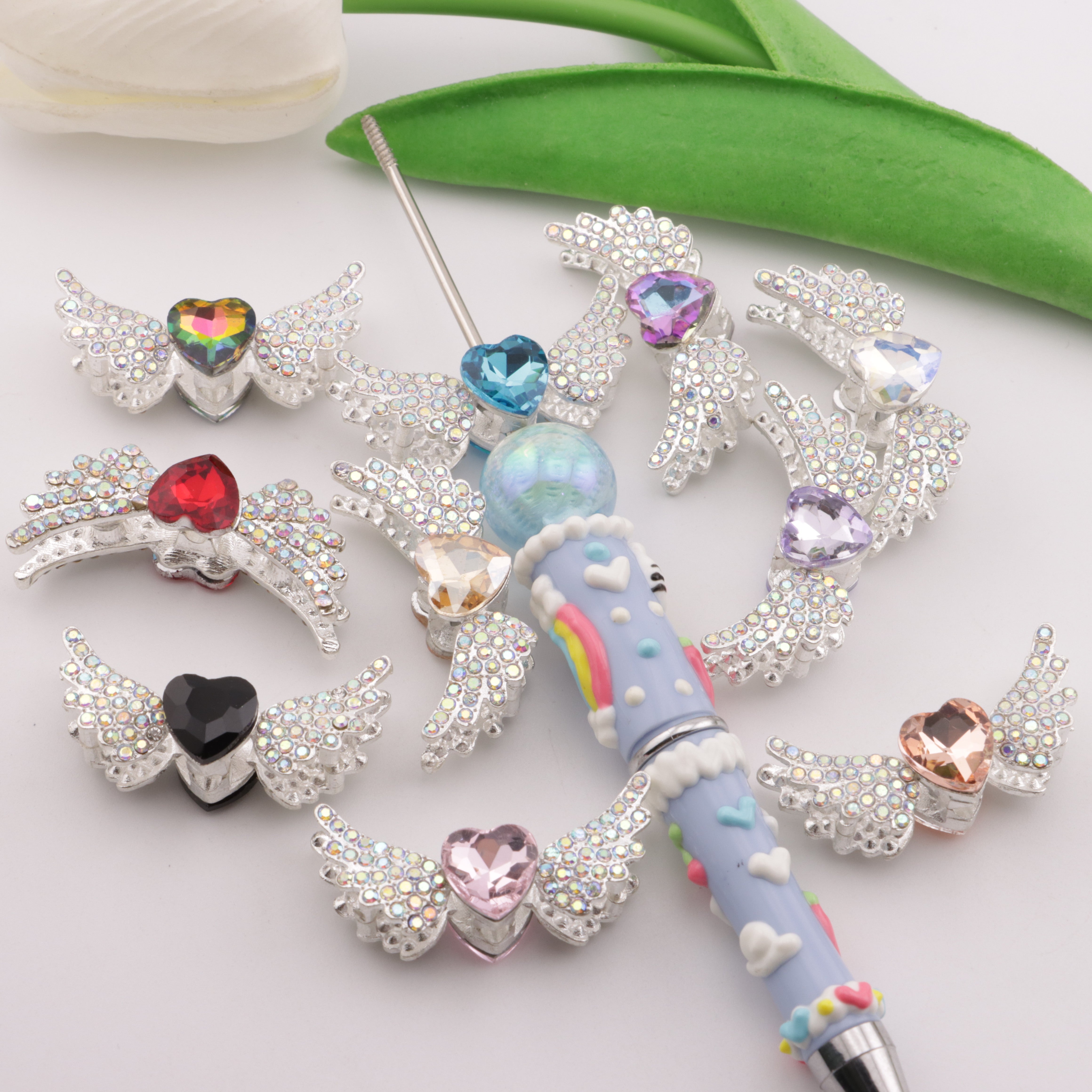 FS5758- 36*15Mm Heart Angel Wings Metal Beads, Love - Shaped Angel Wings Alloy Beads, Fit For Pen