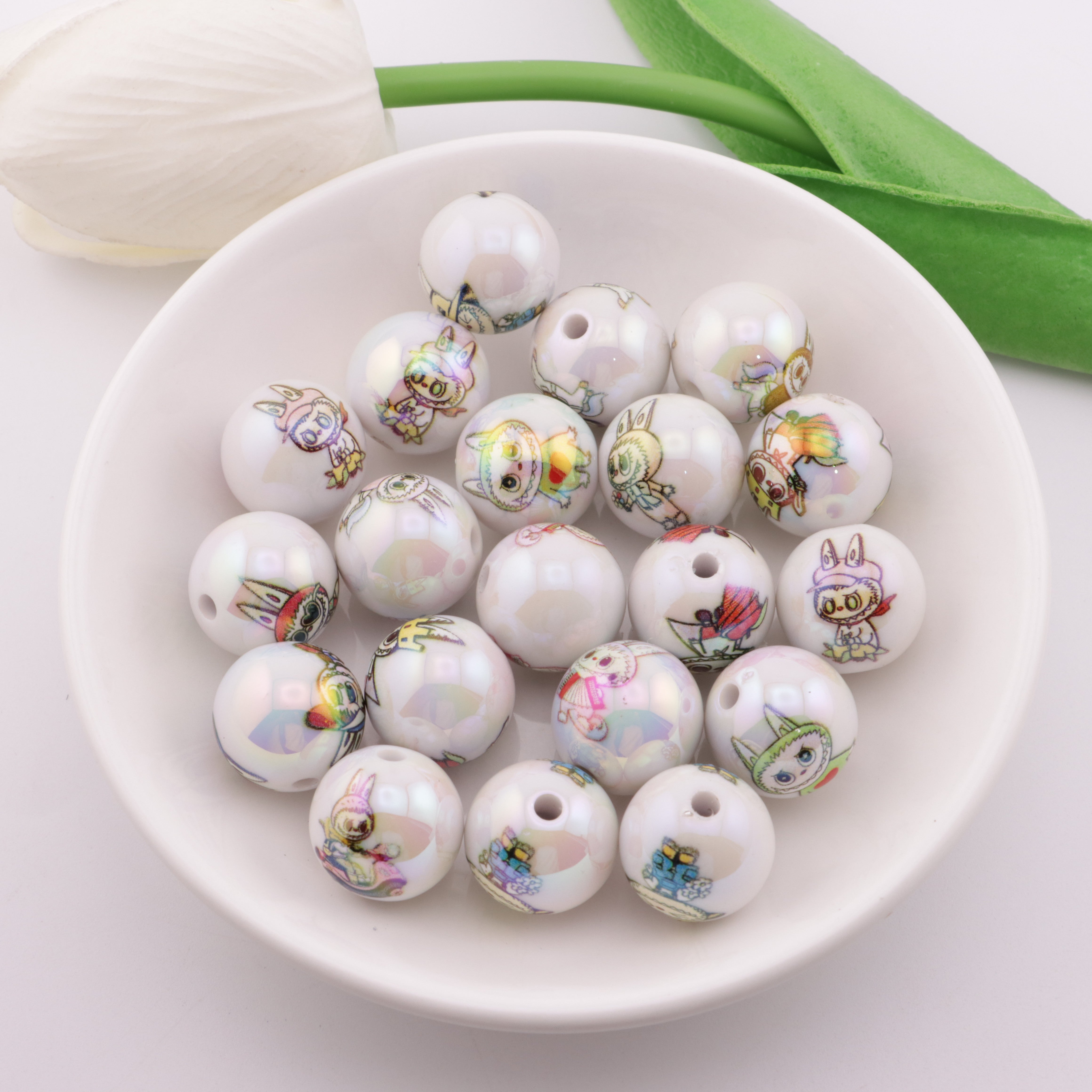 FS5805- 16mm Solid White Labubu Printed Acrylic Beads