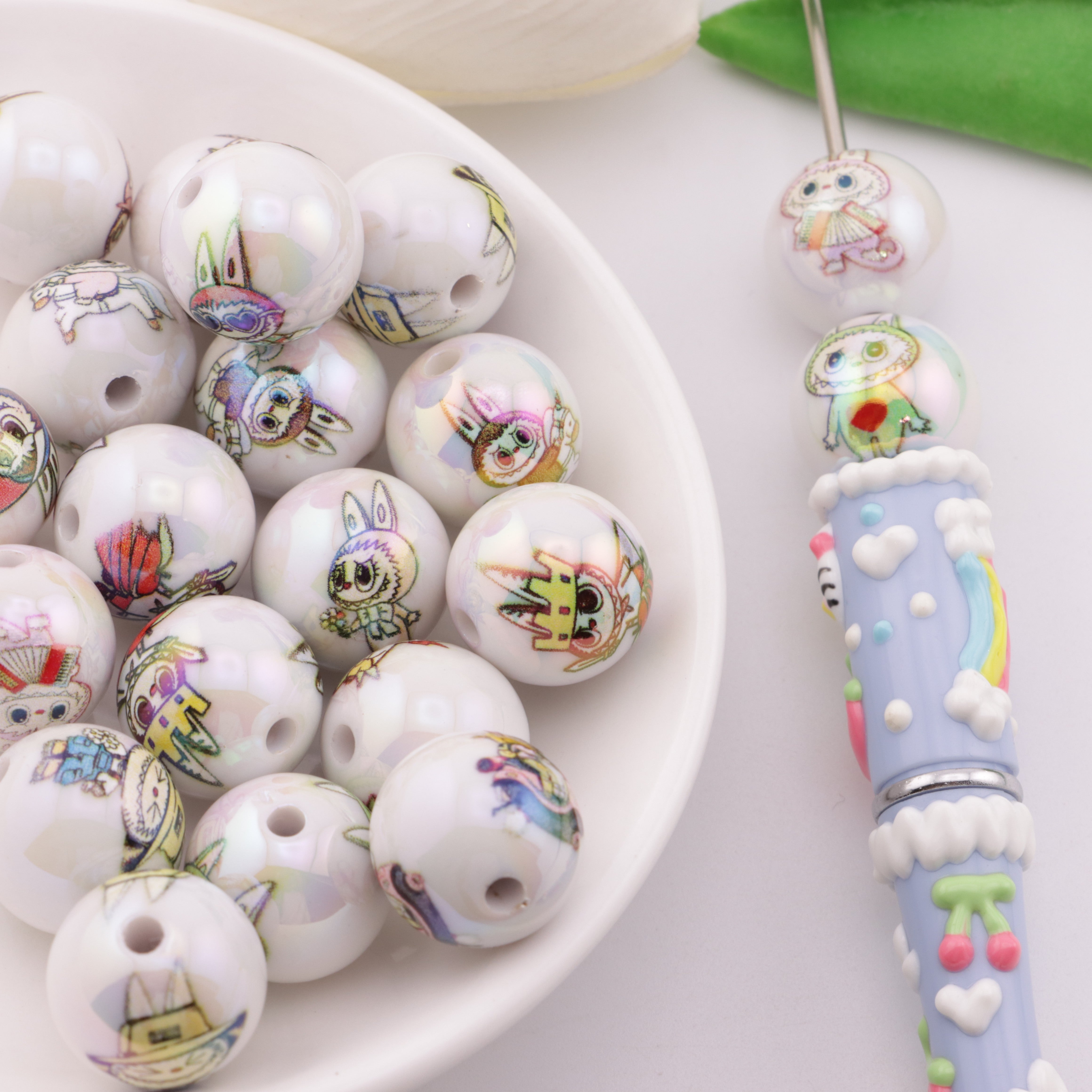 FS5805- 16mm Solid White Labubu Printed Acrylic Beads