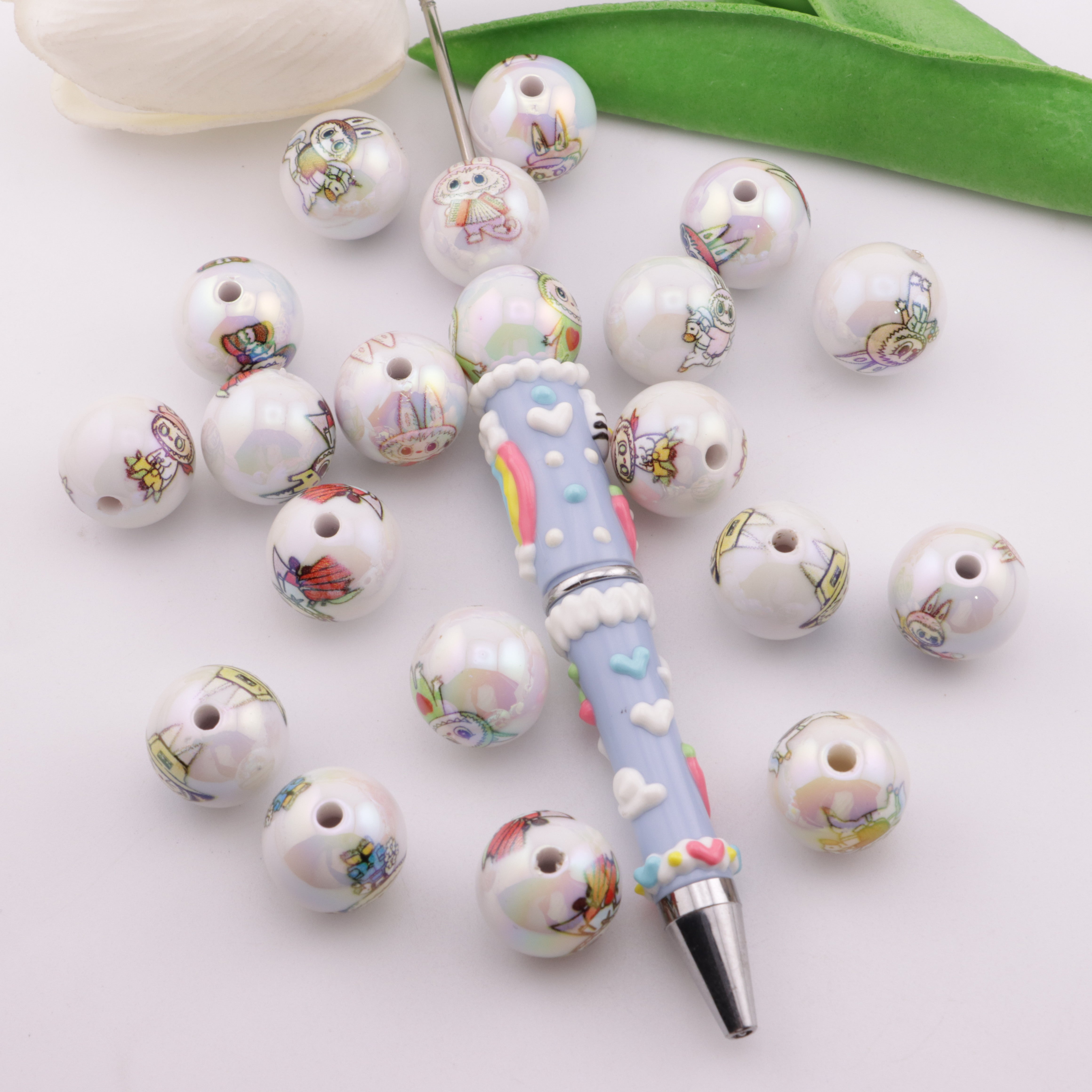 FS5805- 16mm Solid White Labubu Printed Acrylic Beads