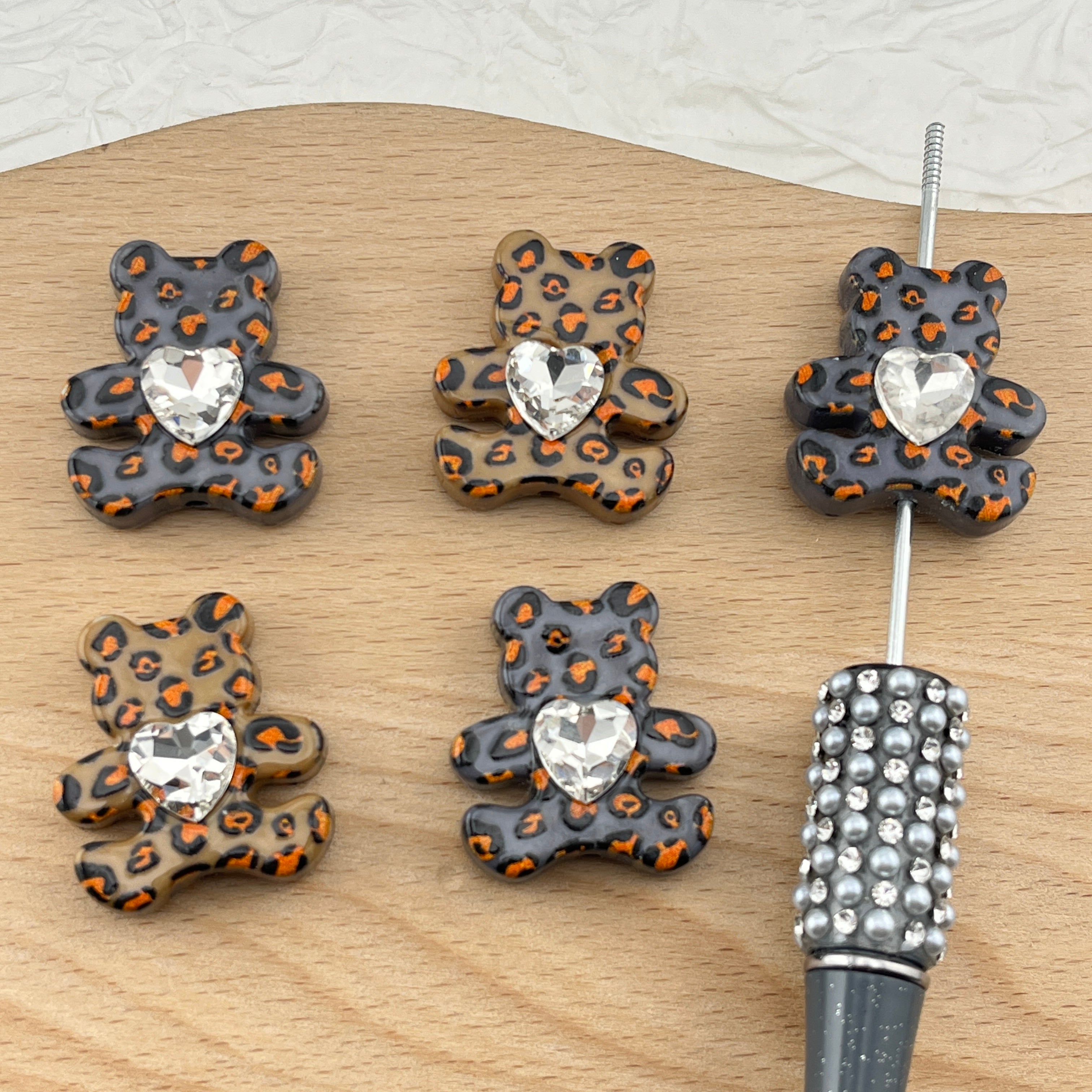 FS2484-30MM Random Mixed Color Leopard Printed Diamond Bear Acrylic Beads Fit For Beadable Pens