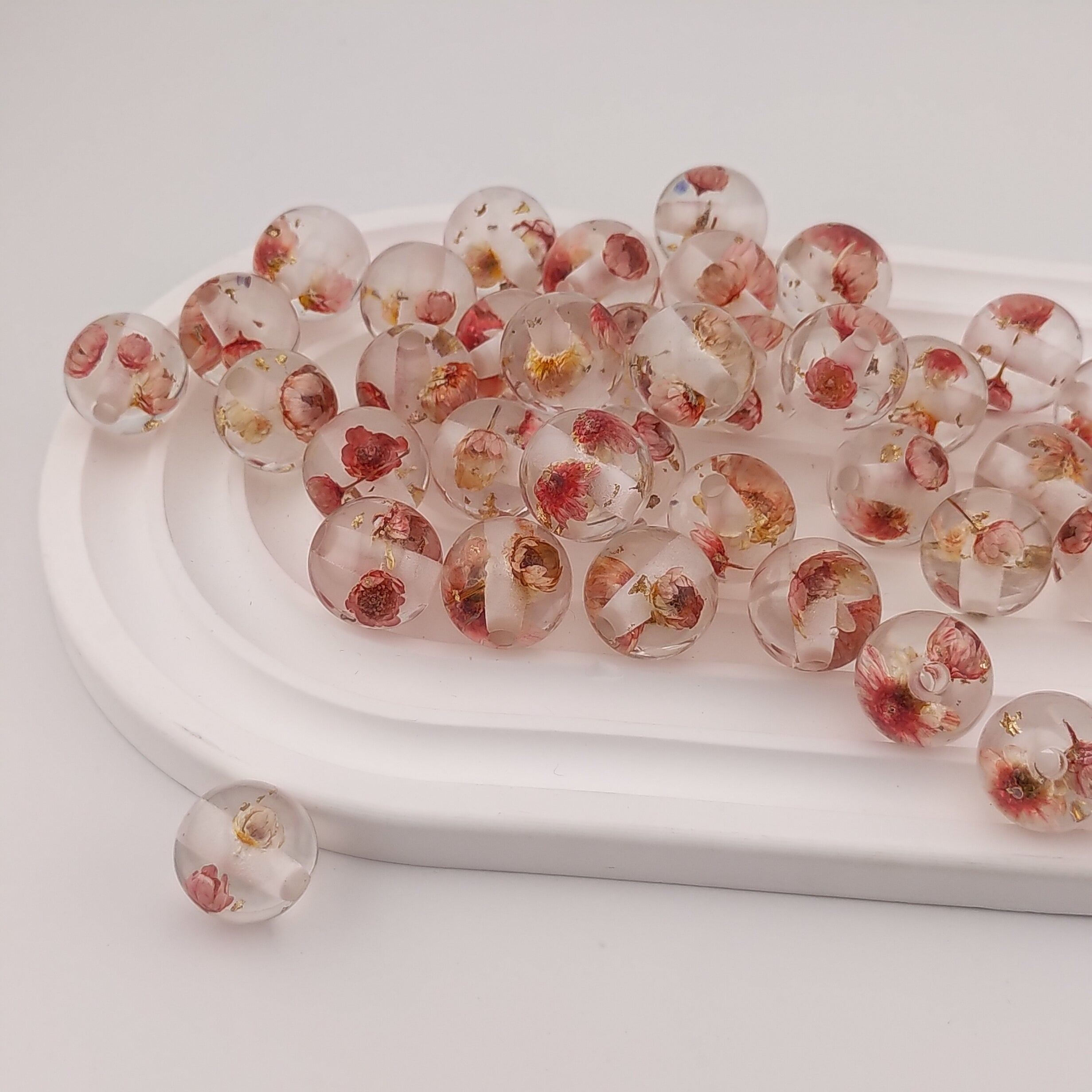 16MM Round Clear Pink Flower Gold Foil Resin Beads Fit For Beadable Pens