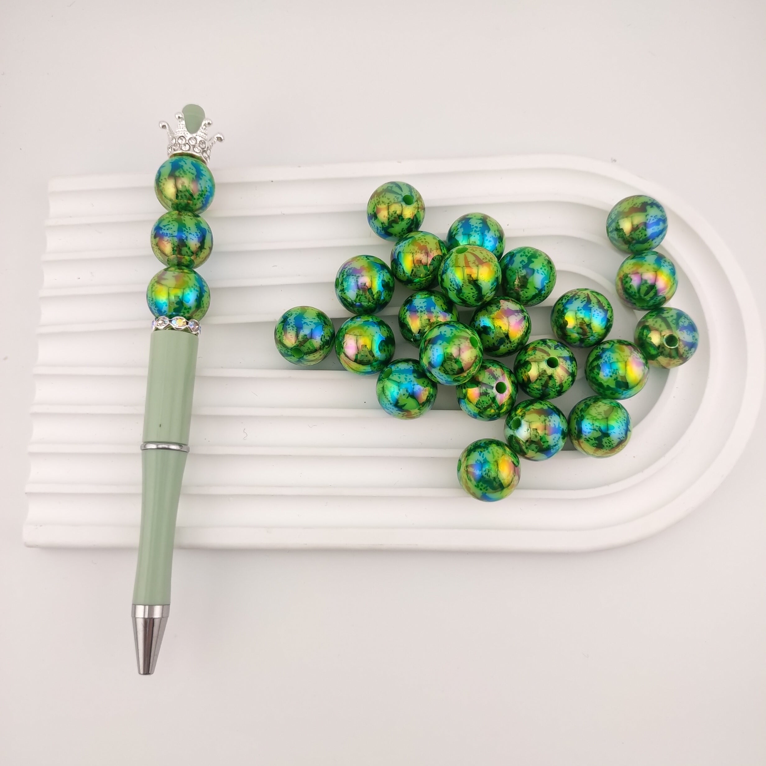 16MM Round Green UV Shiny Watermelon Printed Resin Beads Fit For Beadable Pens