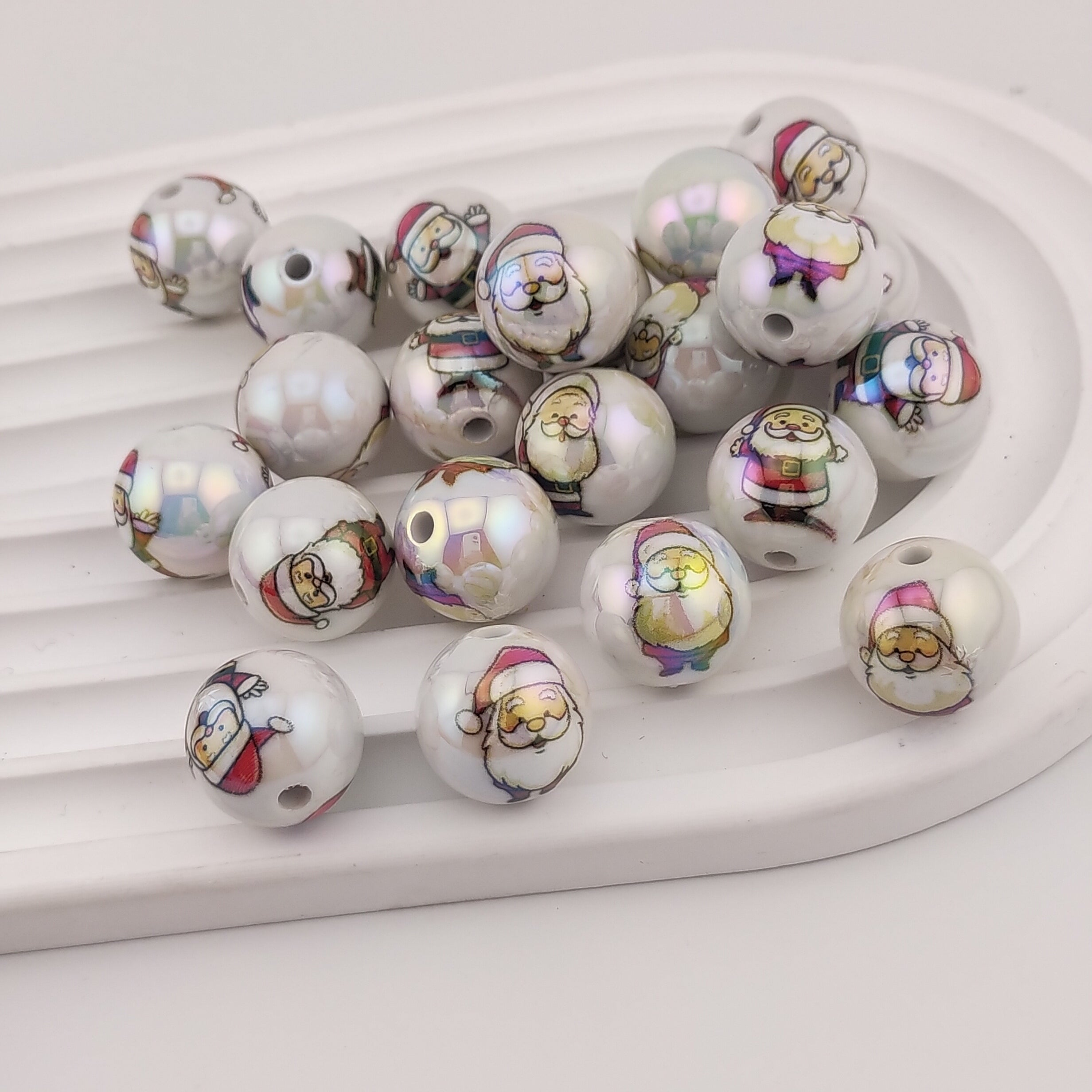 16MM Round White UV Shiny Santa Printed Resin Beads Fit For Beadable Pens