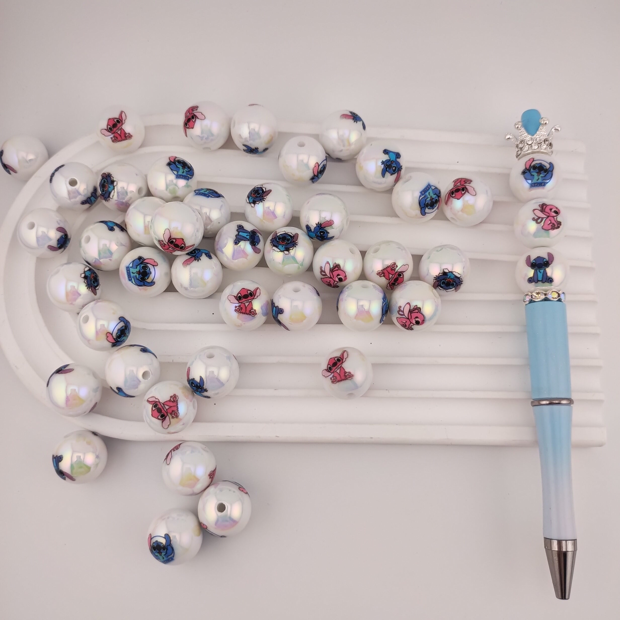 16MM Round White UV Shiny Stitch Printed Resin Beads Fit For Beadable Pens