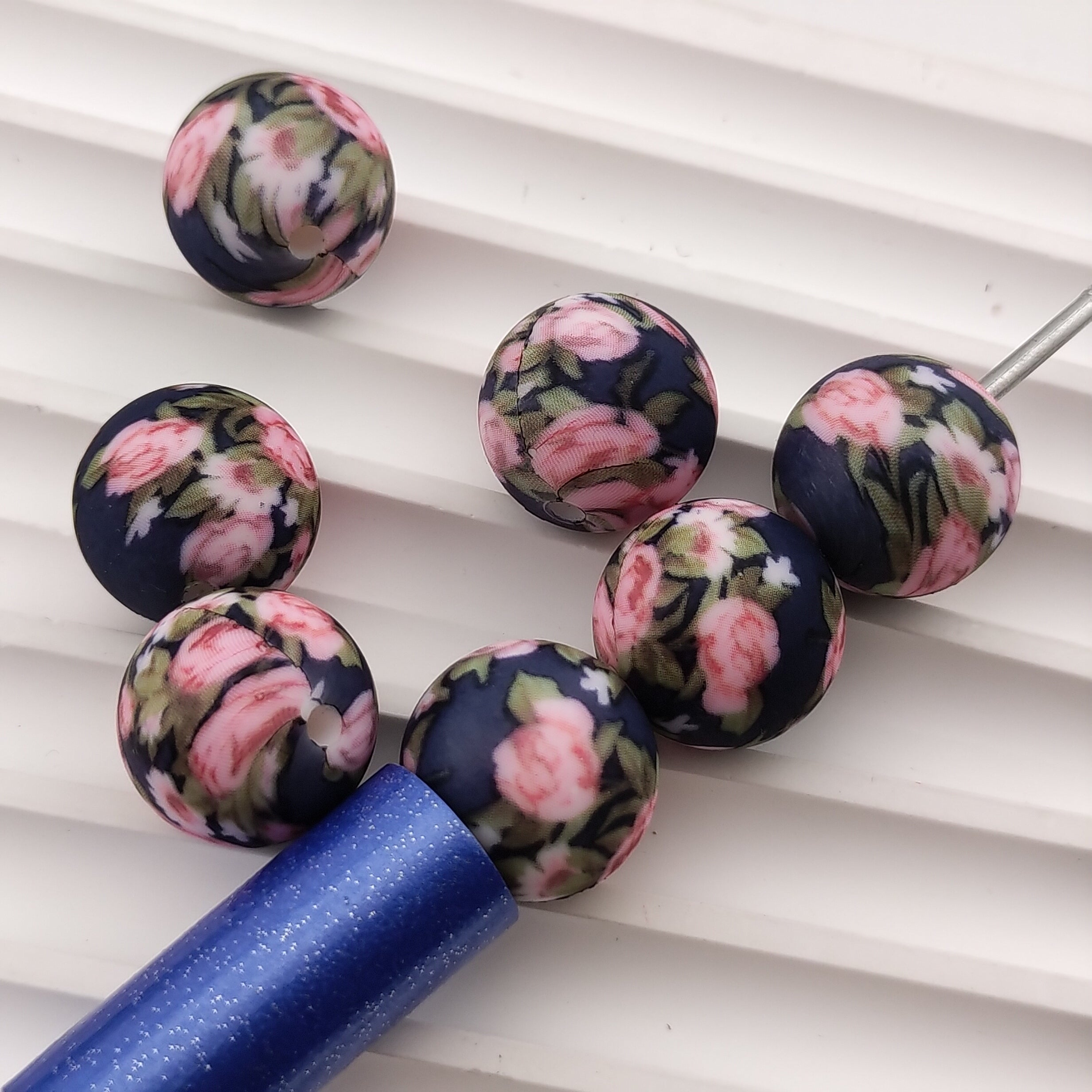 15MM Round Black Base Pink Rose Printed Silicone Beads Fit For Beadable Pens