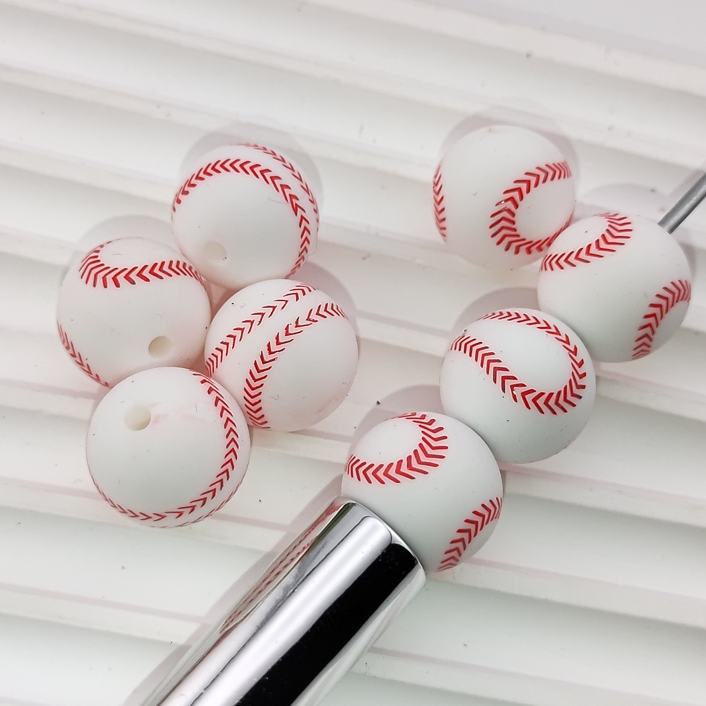 15MM Round Baseball Printed Silicone Beads Fit For Beadable Pens