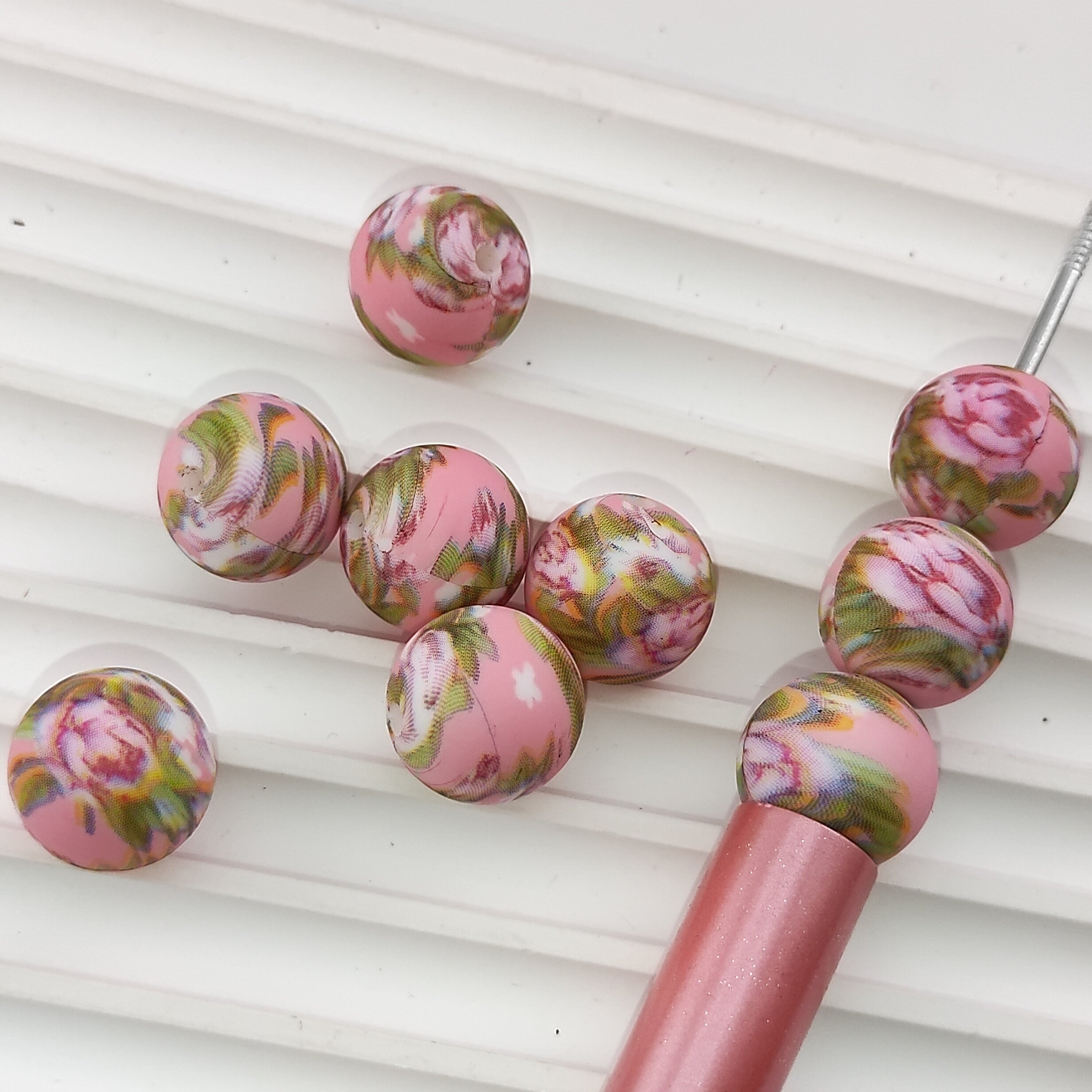 15MM Round Pink Base Pink Rose Printed Silicone Beads Fit For Beadable Pens