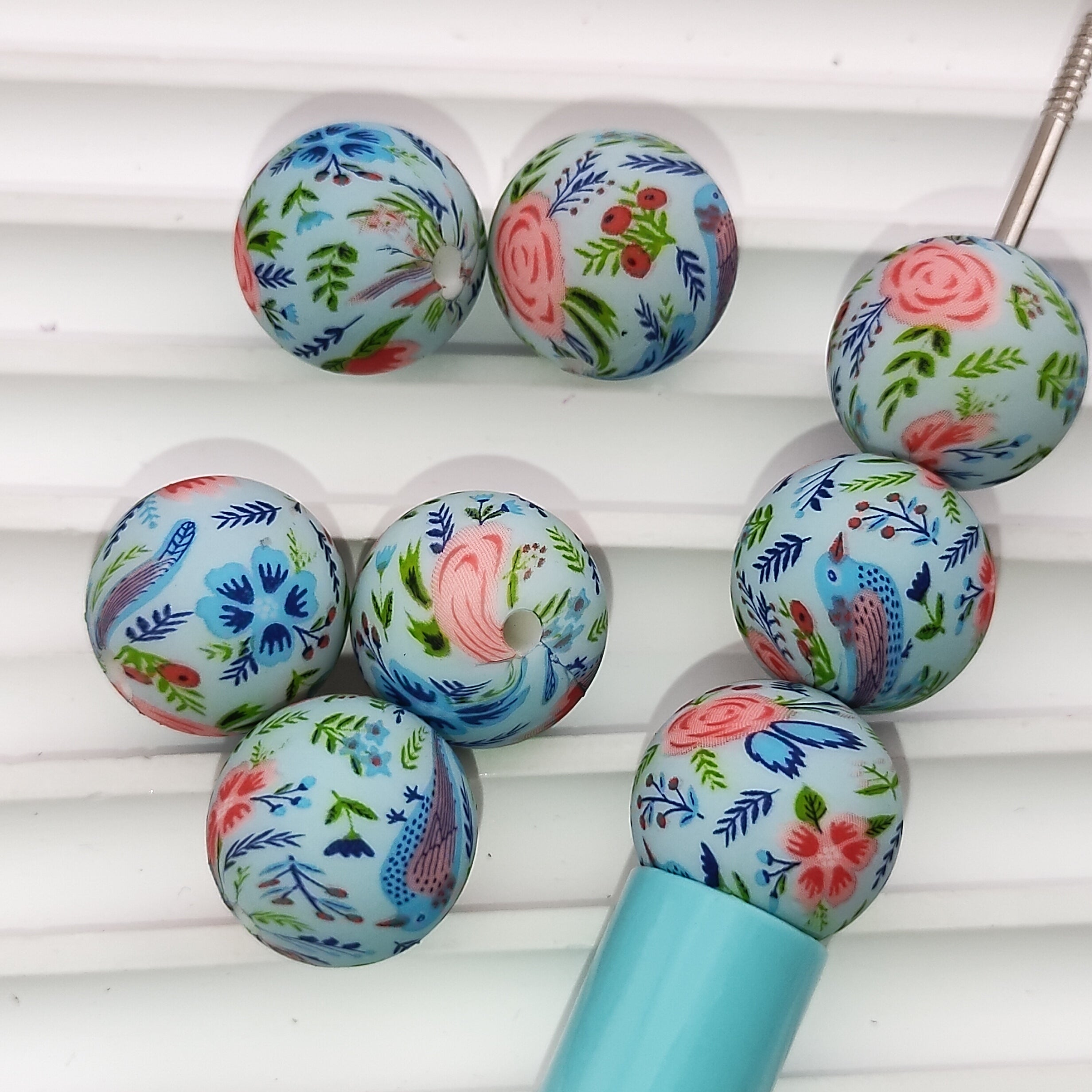 15MM Round Blue Bird Printed Silicone Beads Fit For Beadable Pens