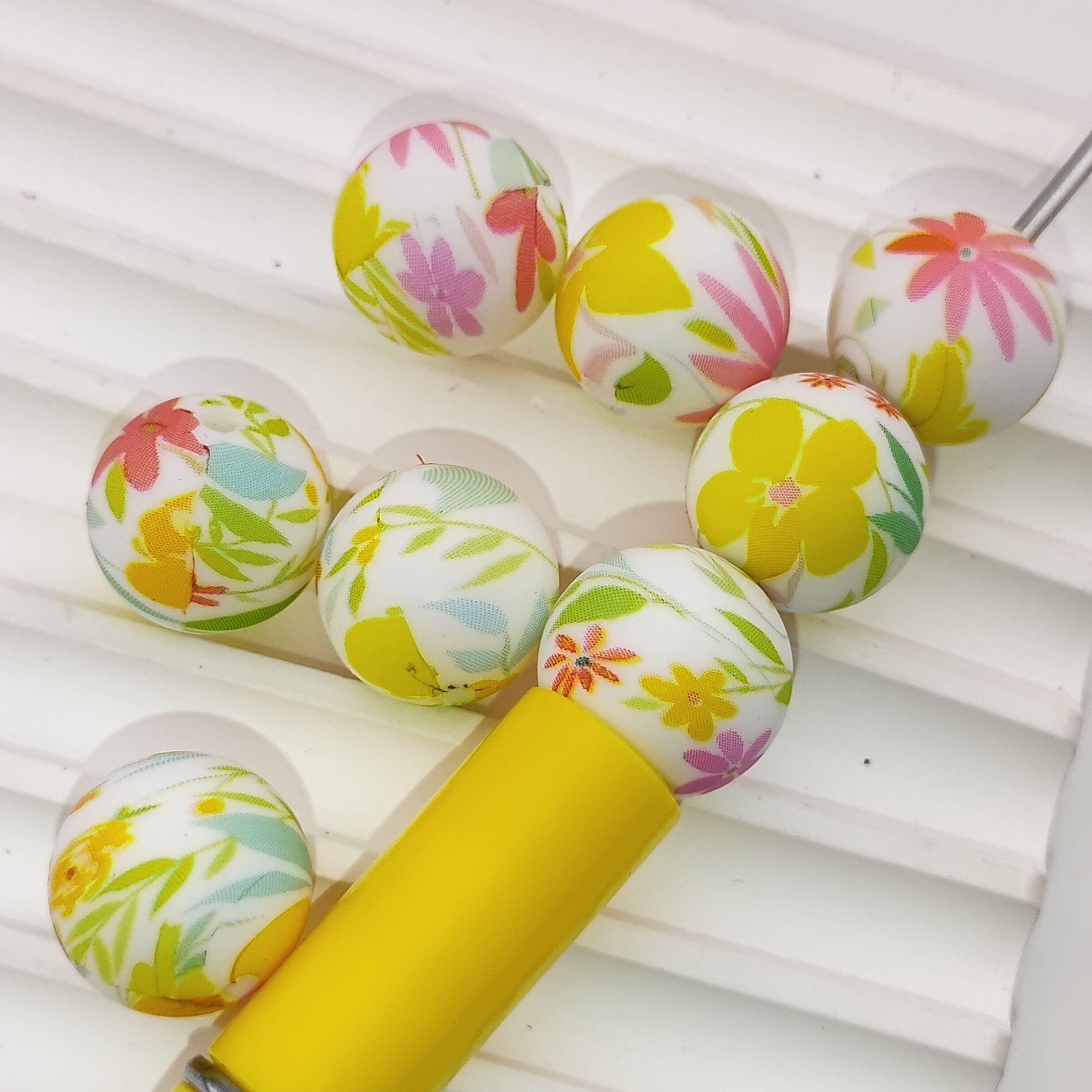 15MM Round Mixed Color Flower&Leaf Printed Silicone Beads Fit For Beadable Pens