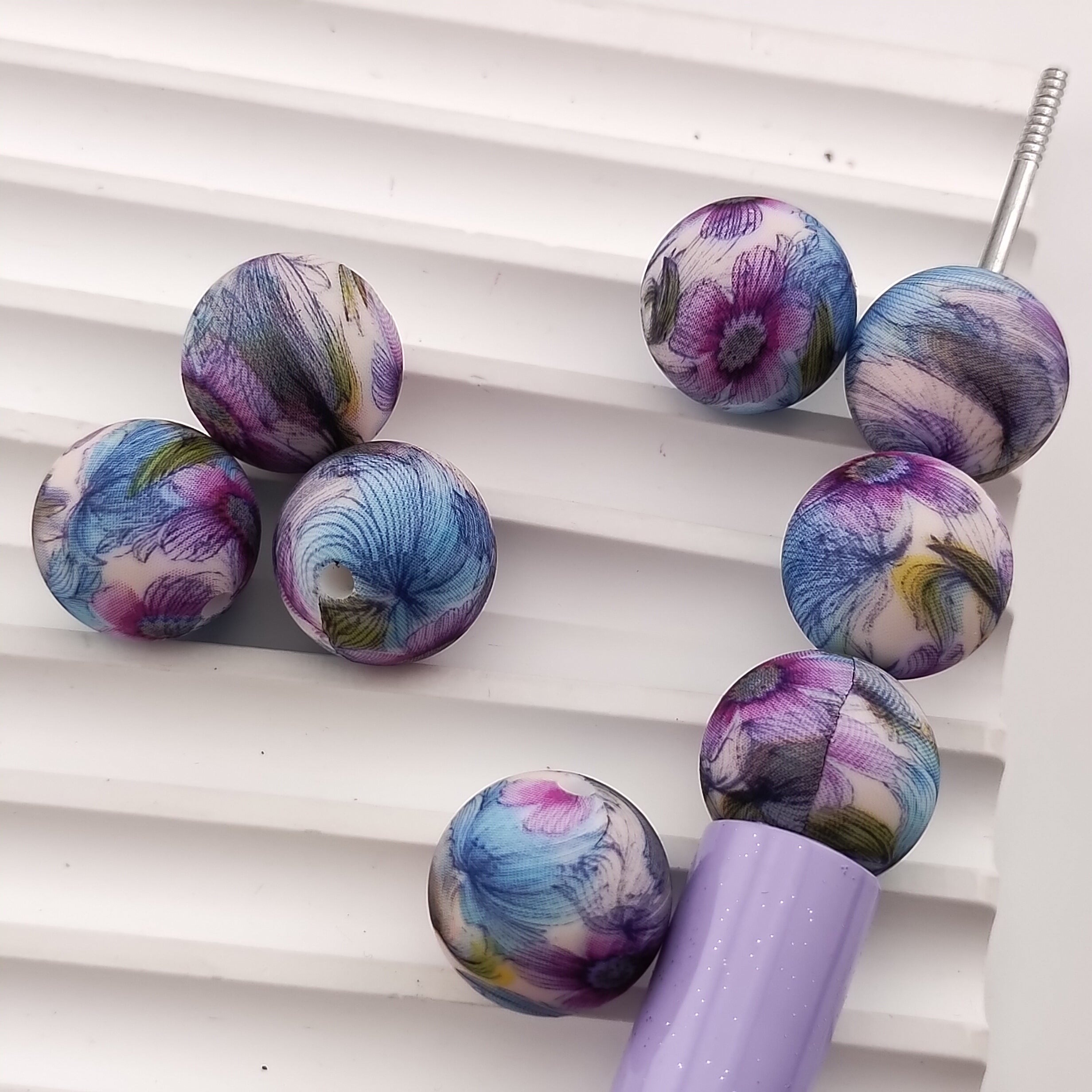 15MM Round Purple Flower Printed Silicone Beads Fit For Beadable Pens