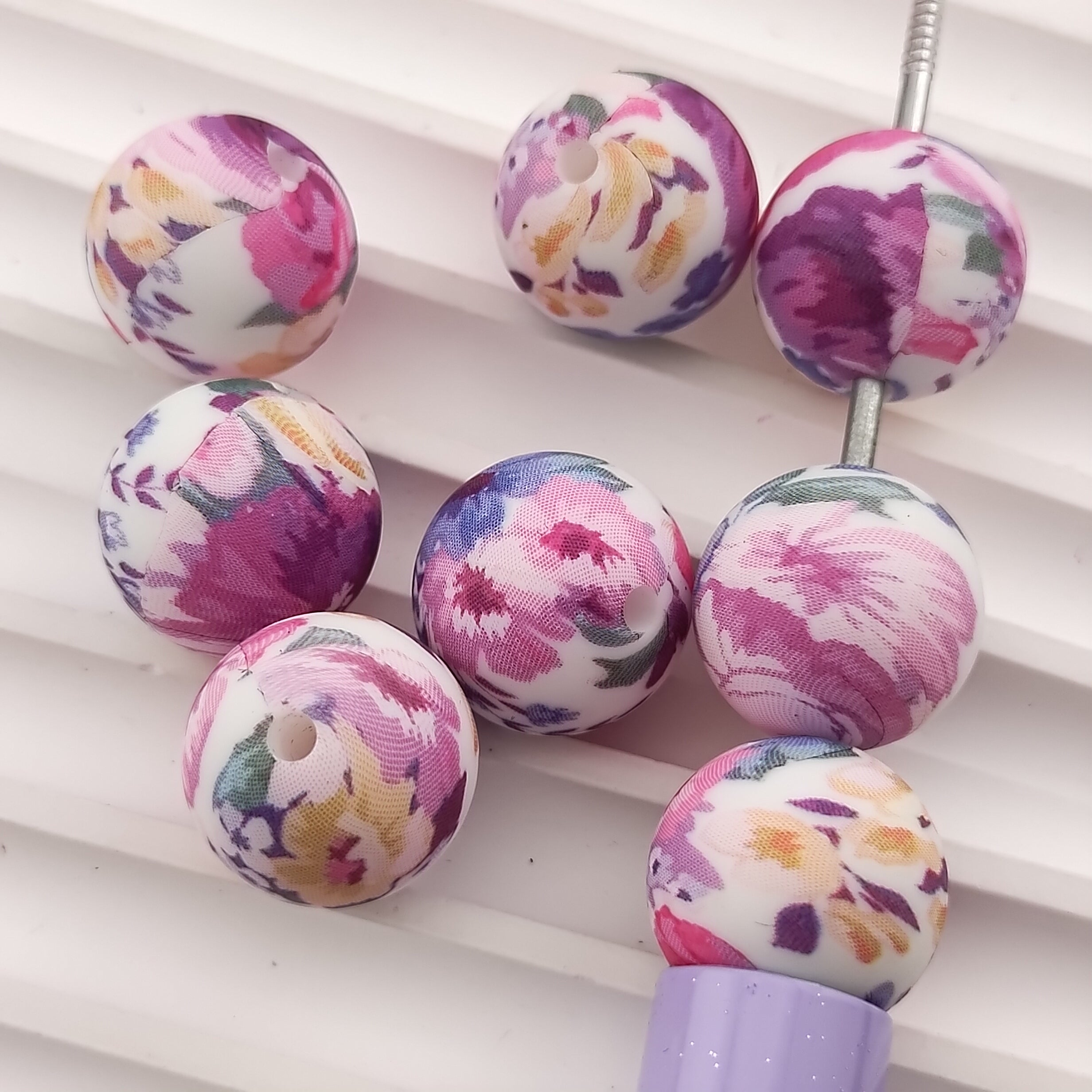 15MM Round Flower Printed Silicone Beads Fit For Beadable Pens