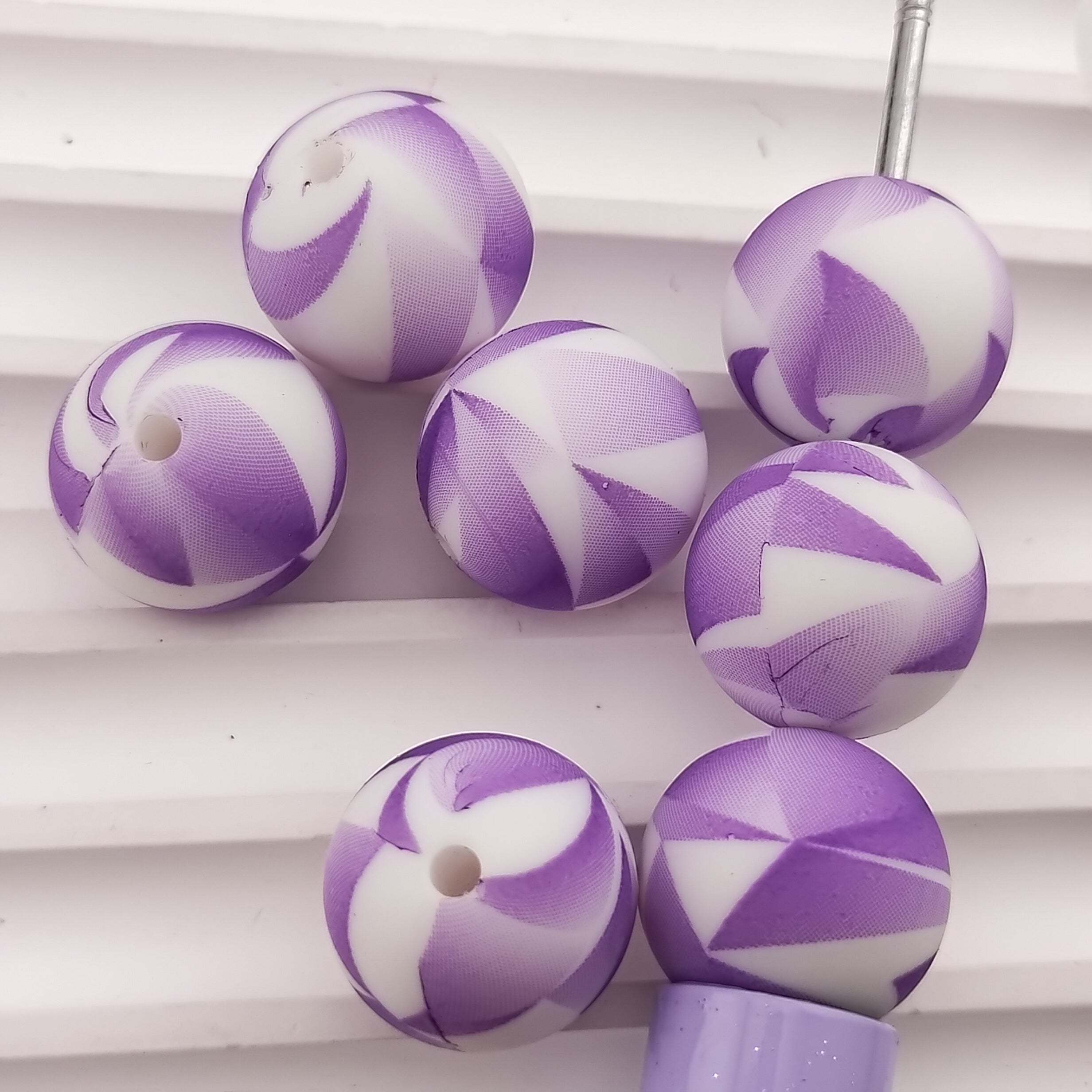 15MM Round Purple&White Stitching Silicone Beads Fit For Beadable Pens