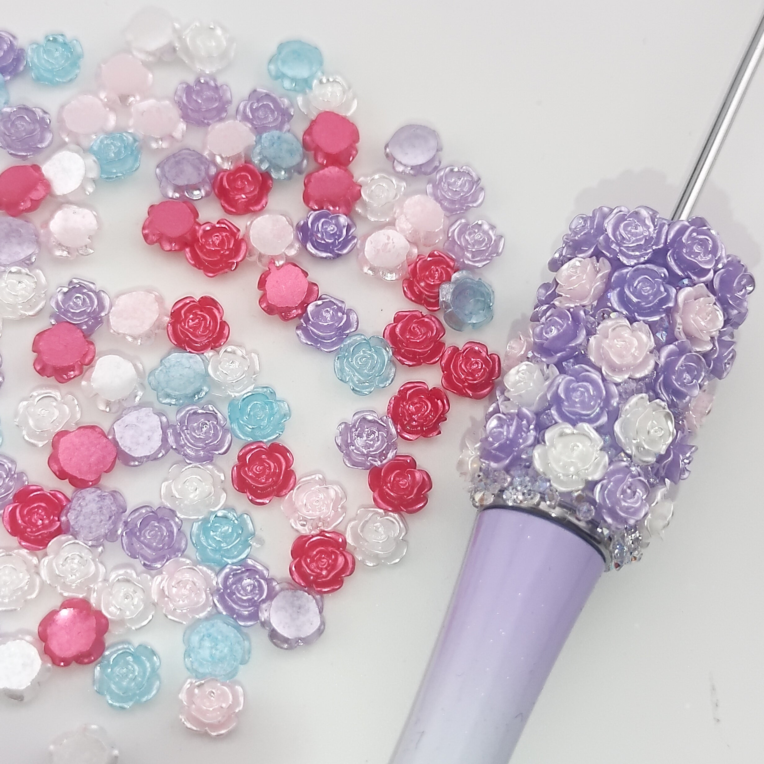 6MM  Mixed Color Pearl Looking  Resin  Rose Flower Nail Charms For making Fancy Pen Or Fancy Bead