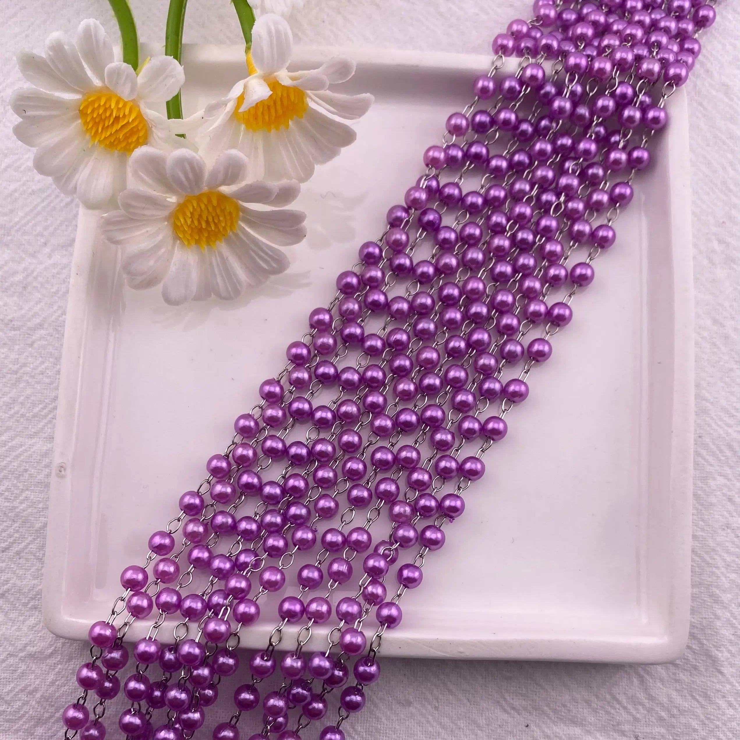 FS2993-Plated Pearl Beads Chain Bulk for Jewelry Making 4mm Pearls Beaded Brass Oval Link Chains Roll Spool for DIY Craft Jewelry Making - Zoe DIY Wholesale