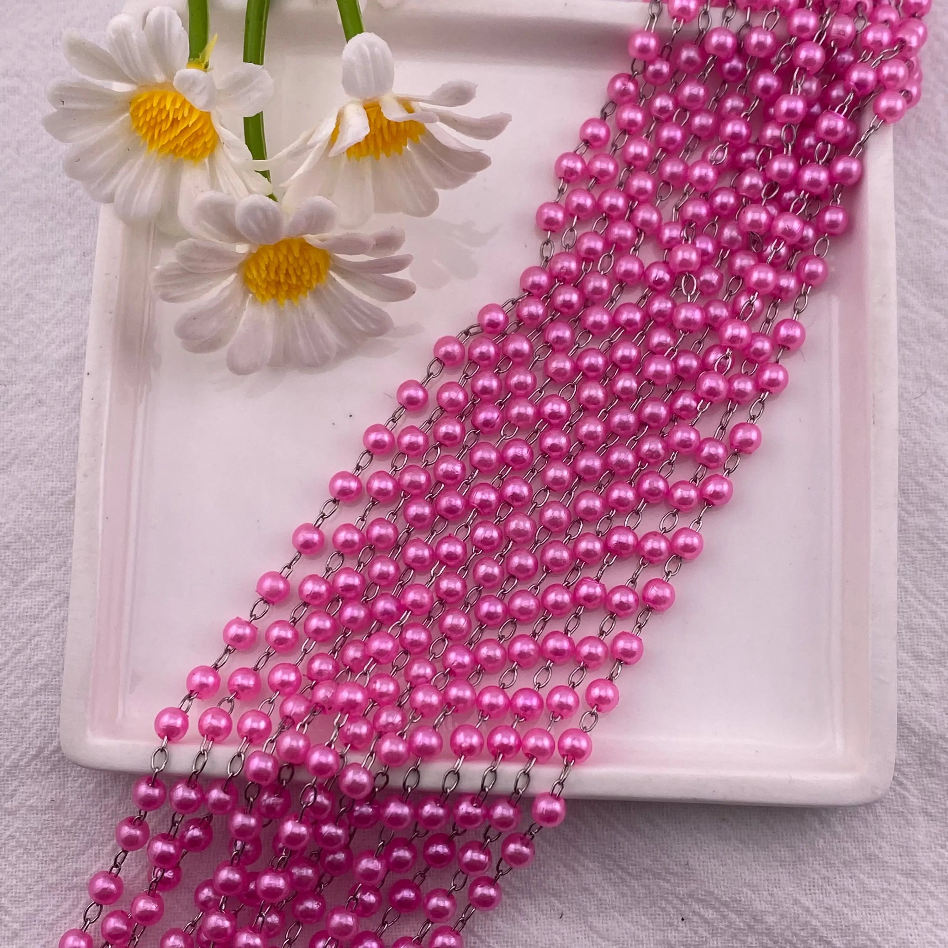 FS2993-Plated Pearl Beads Chain Bulk for Jewelry Making 4mm Pearls Beaded Brass Oval Link Chains Roll Spool for DIY Craft Jewelry Making - Zoe DIY Wholesale