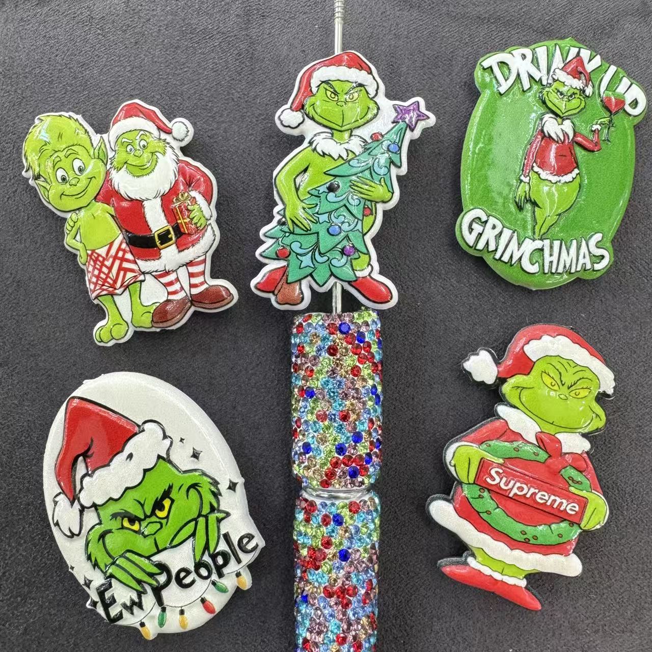 Christmas Theme Green Character Series Acrylic Beads, Random Mix,Pen Topper,Keychain