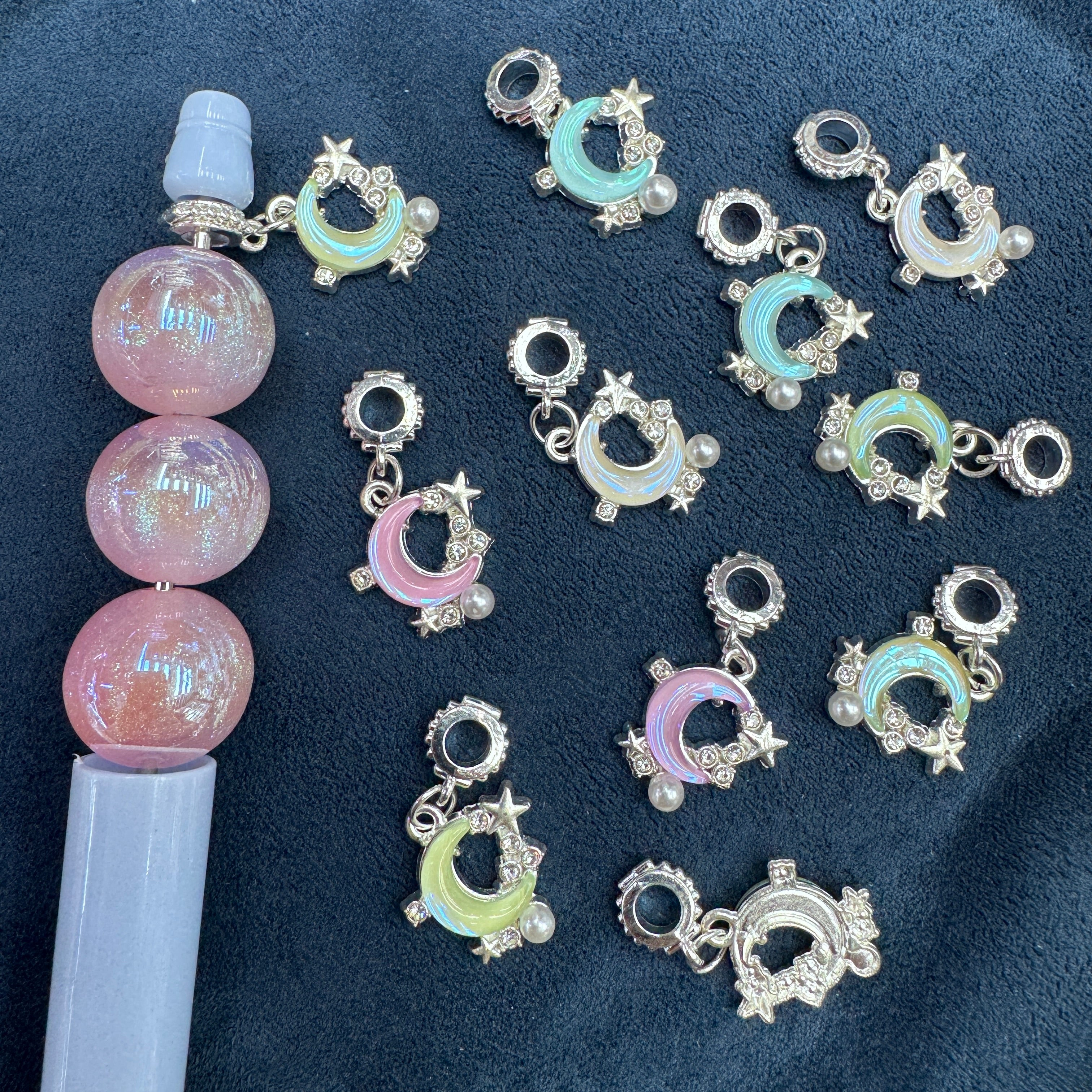 Shiny Silver Rhinestone Moon Star Pearl Enamel Shaped Metal Charms Random Mix For Pen Toppers