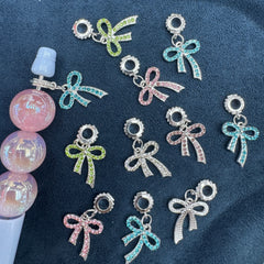 Shiny Silver Rhinestone Bow Large Hole Dangle Alloy Charms Random Mix For Pen