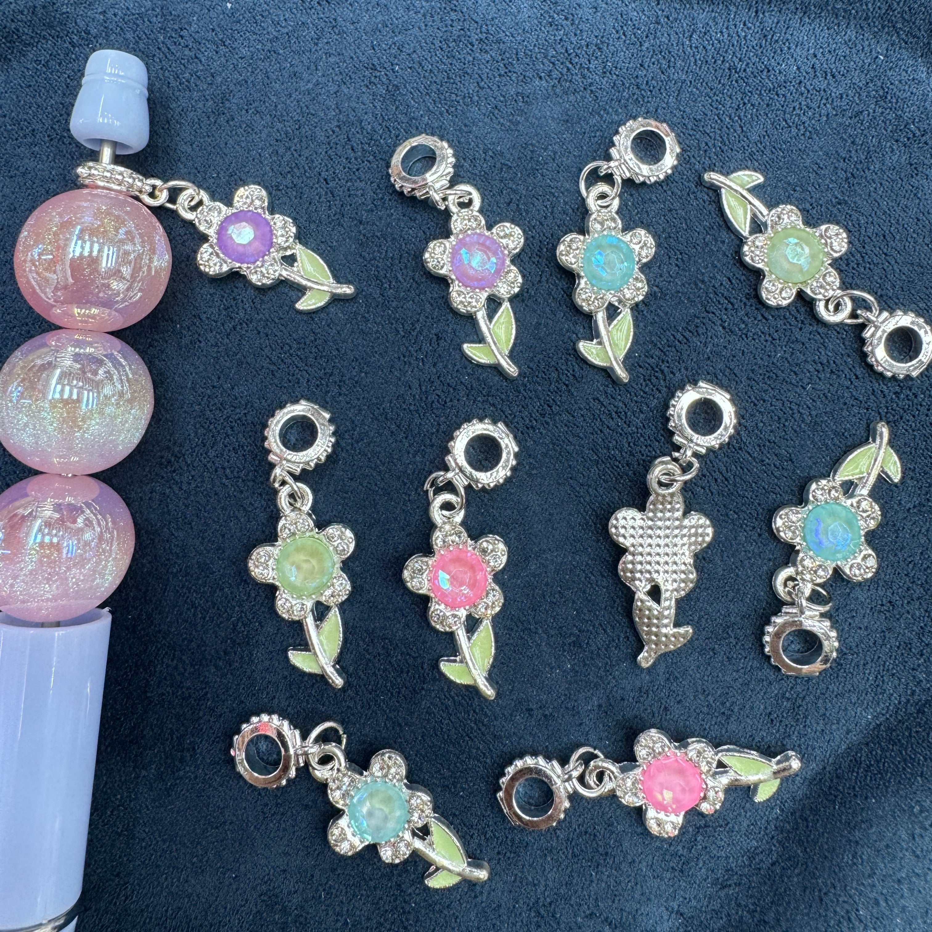 Shiny Silver Rhinestone Stem Flower Enamel Shaped Metal Charms Random Mix For  Pen Toppers