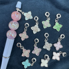 Shiny Silver Rhinestone Enamel Four Leaf Clover Dangle Alloy Charms Random Mix For Pen
