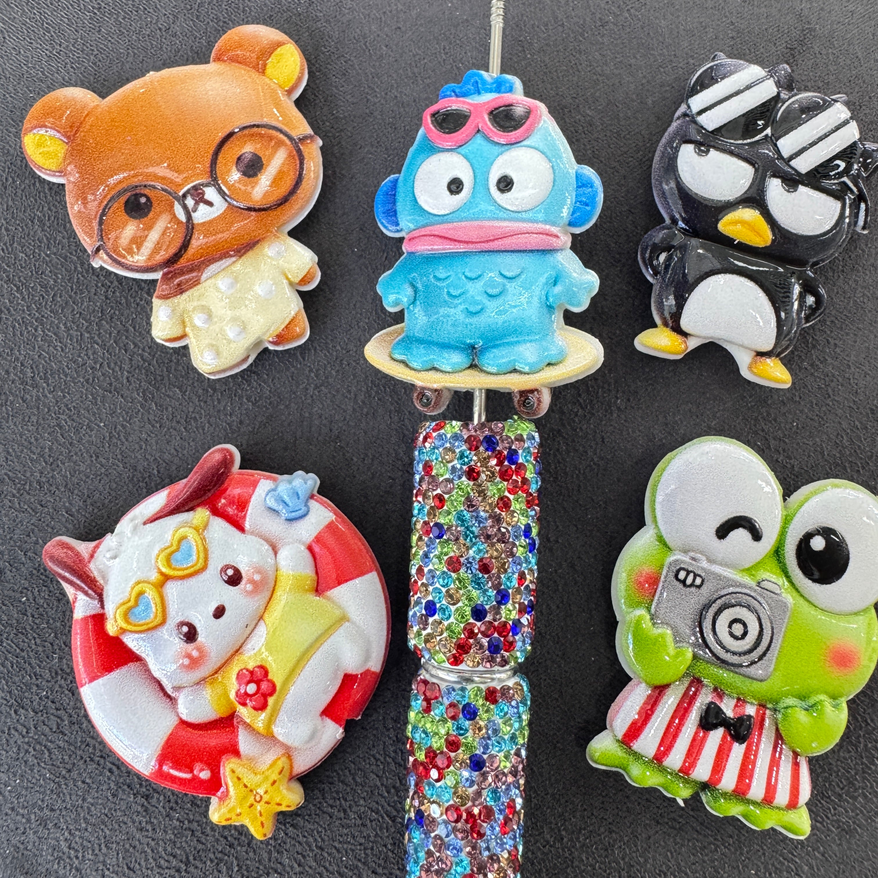 Glossy Epoxy Acrylic Summer Beach Cartoon Character Shaped Focal Beads For Pen Toppers,Random Mix