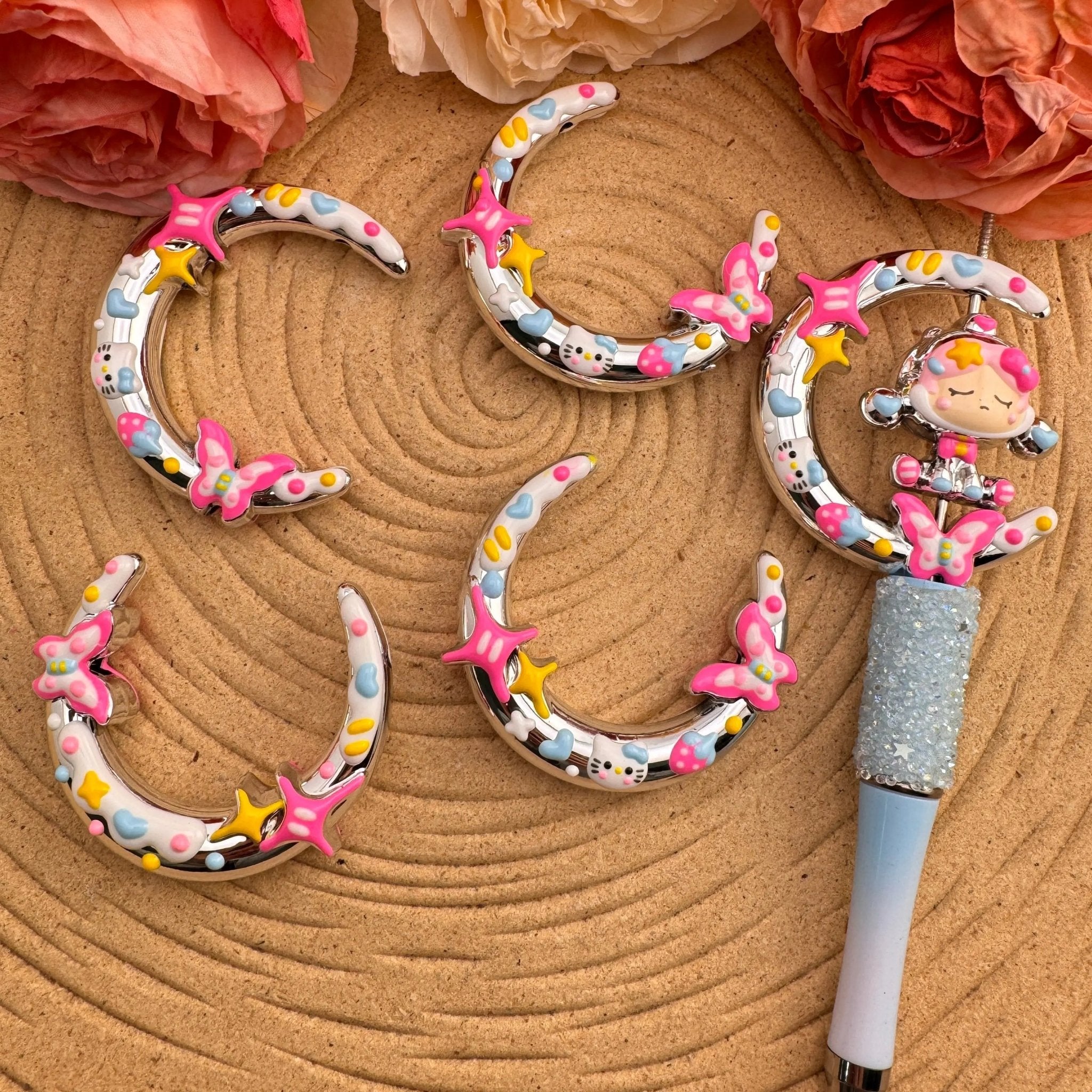 FS10044-37*47mm Double Hole Moon HK Hand Painted Acrylic Beads For Making Keychain Beadable Pens -Zoe DIY Wholesale