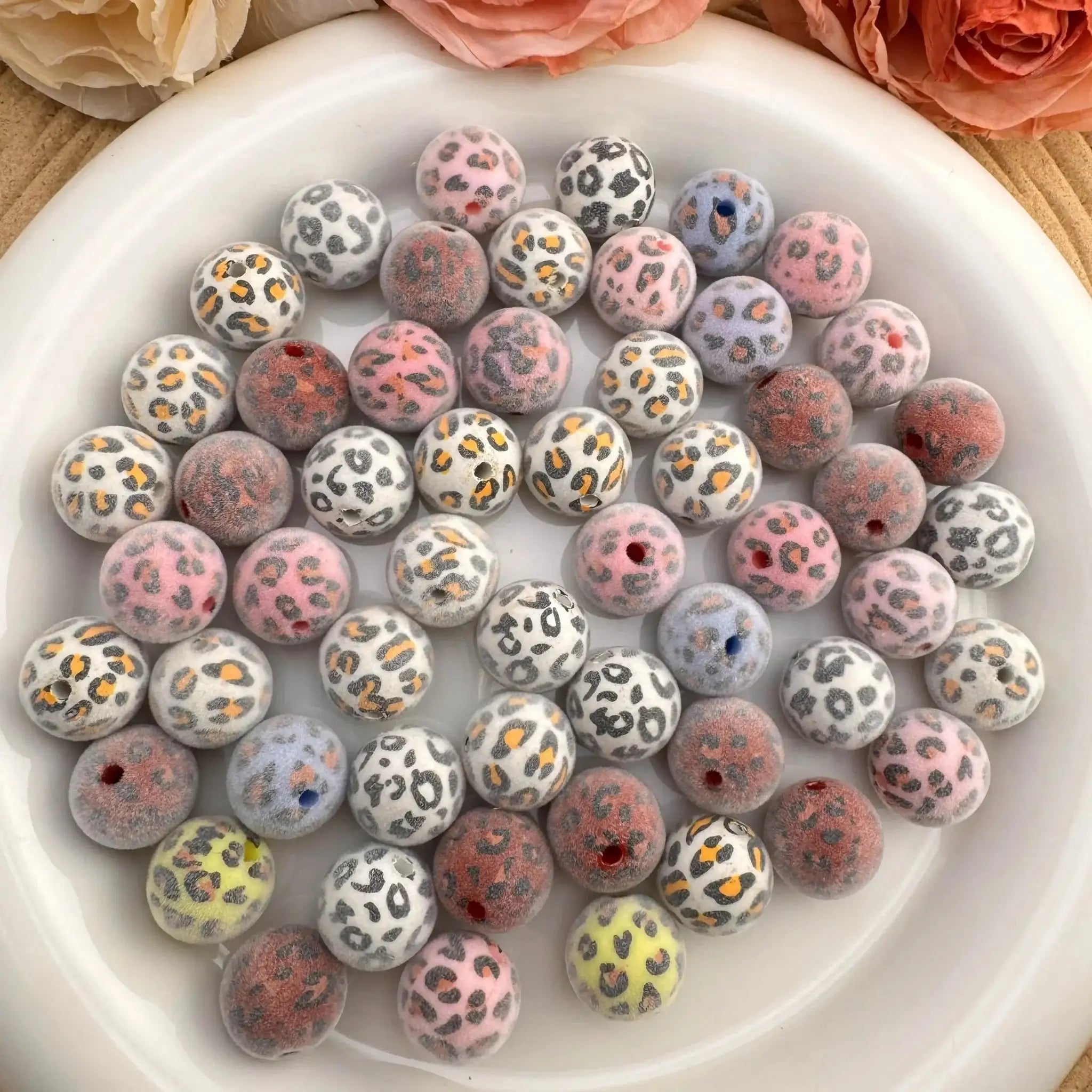 FS10047-16mm Leopard Printed Flocked Acrylic Beads Fit For Beadable Pens -Zoe DIY Wholesale