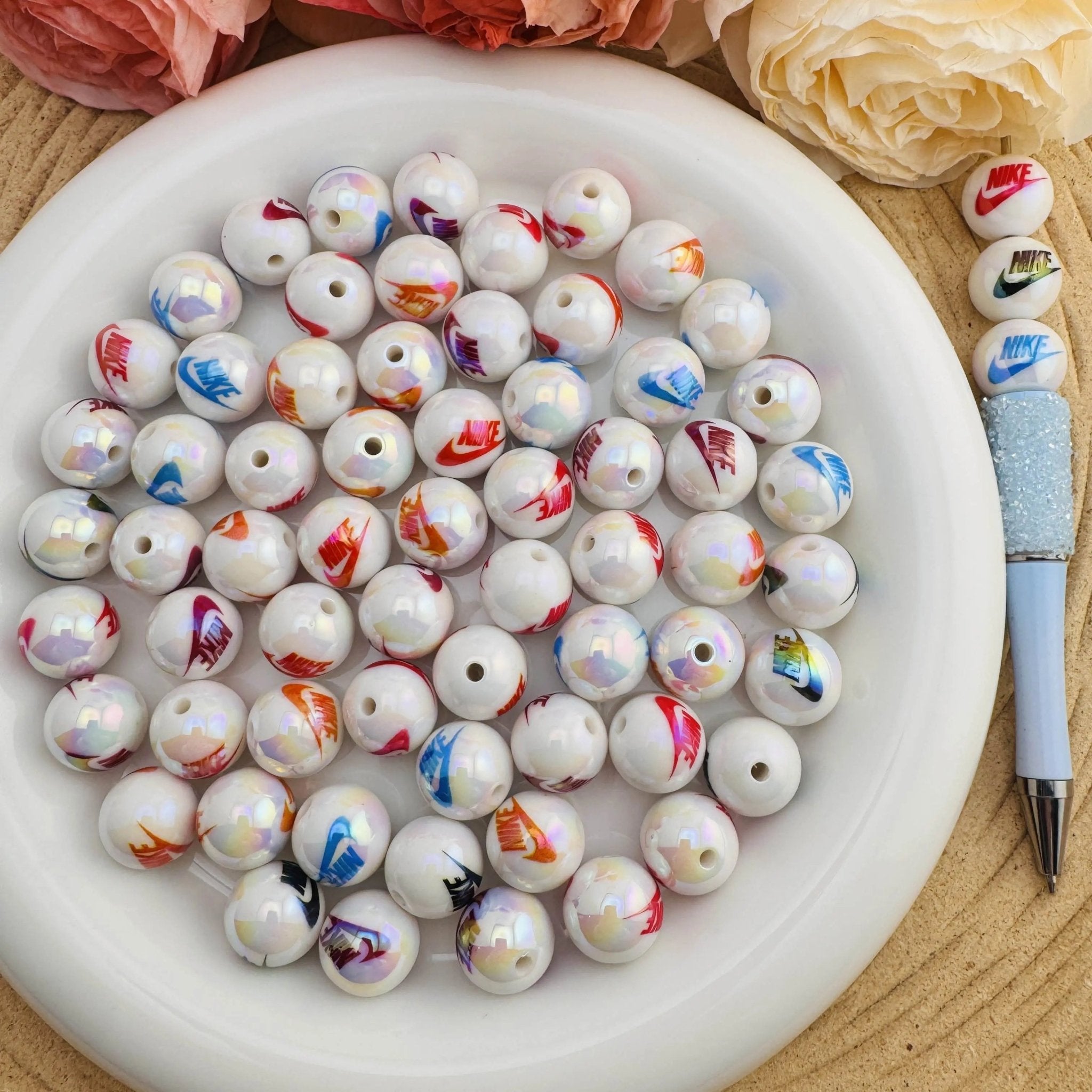 FS10086-Random Mixed Solid Color UV Coating Printed Acrylic Beads For Beadable Pens Keychain Making -Zoe DIY Wholesale