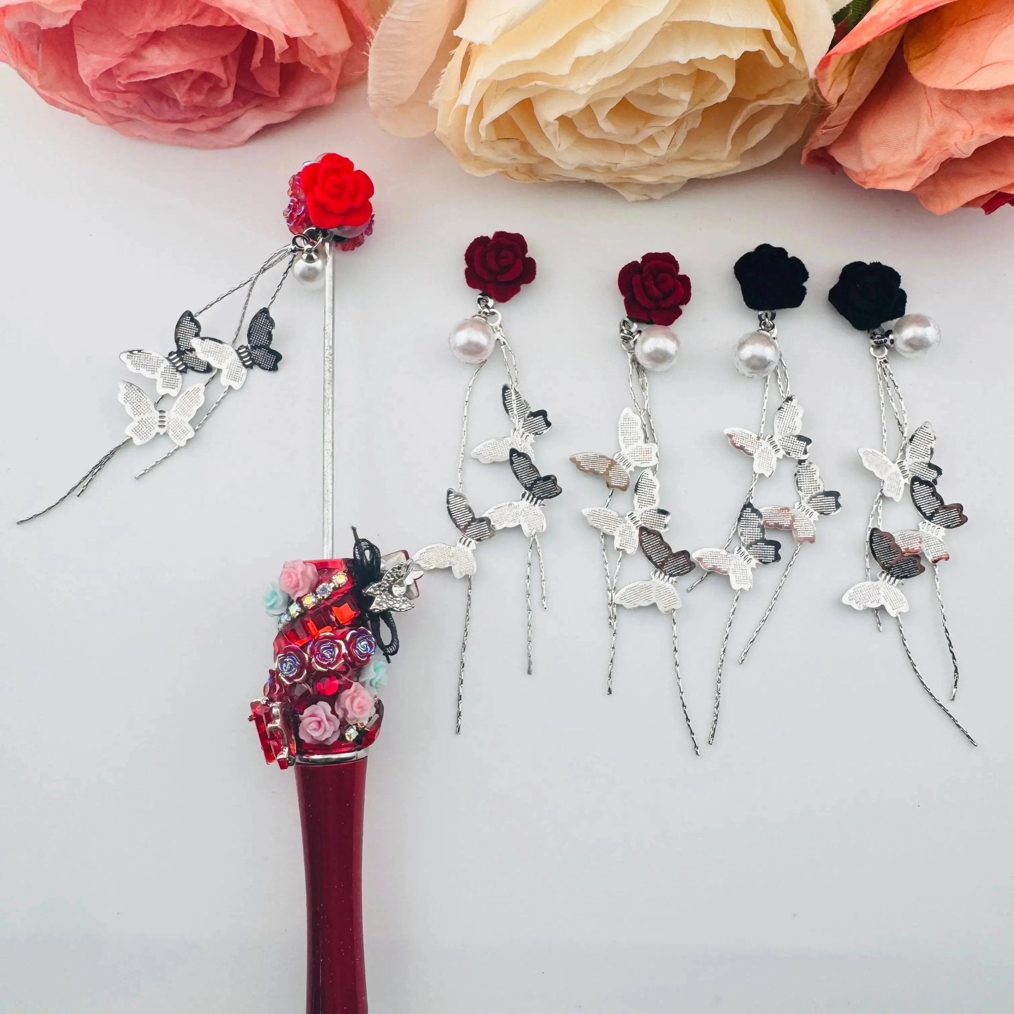 FS101102-Flocked Roses With Butterfly Dangle Nail Charms For Making Fancy Beads Or Fancy Beadable Pens -Zoe DIY Wholesale