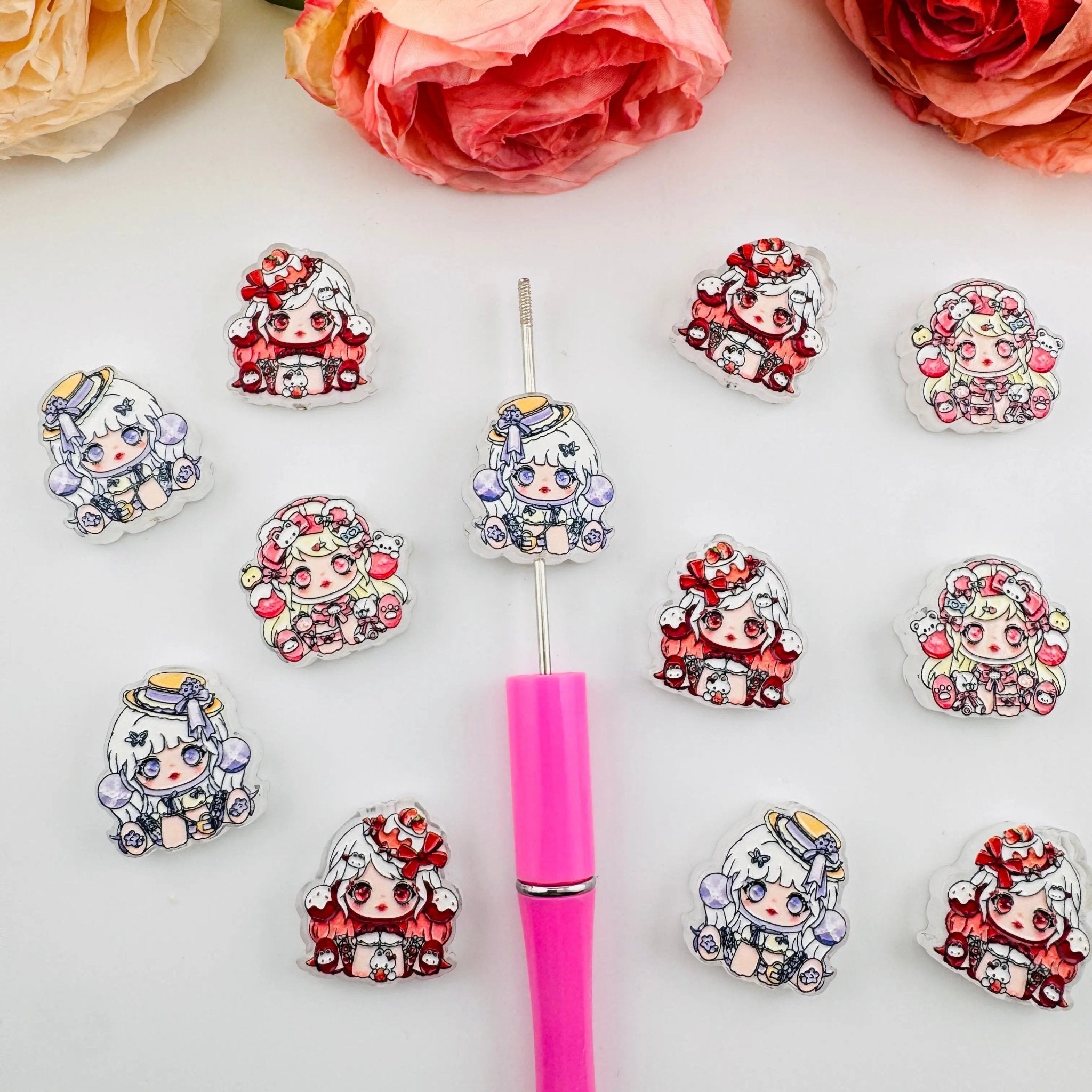 FS101266-About 24*25mm Double Side Printed SP Acrylic Beads For Beadable Pens Keychain Making -Zoe DIY Wholesale