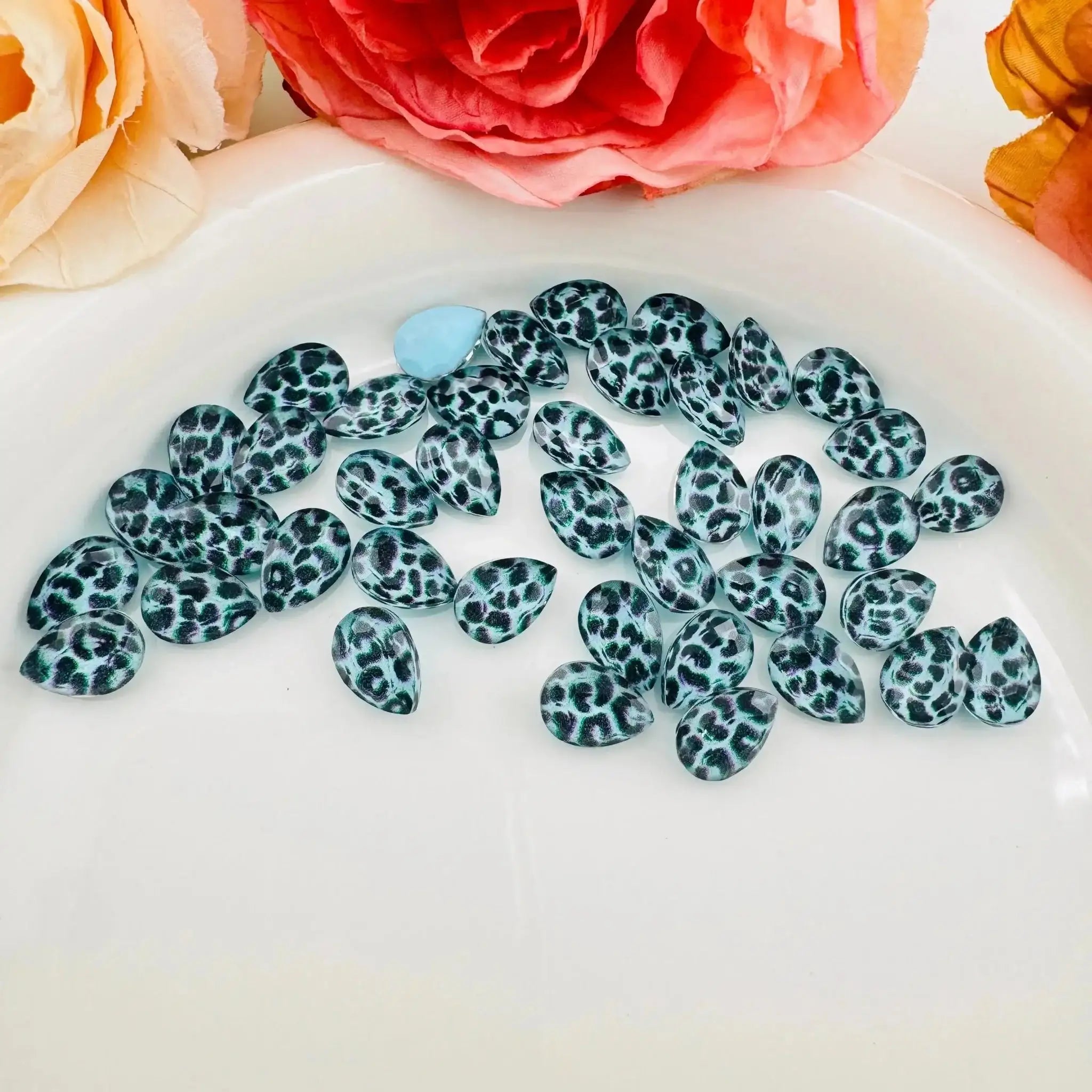 FS101467-About7×11mm Waterdrop Glass Leopard Printed Nail Charms -Zoe DIY Wholesale